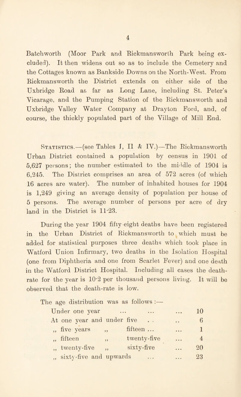 Batchworth (Moor Park and Rickmansworth Park being ex¬ cluded). It then widens out so as to include the Cemetery and the Cottages known as Bankside Downs on the North-West. From Rickmansworth the District extends on either side of the Uxbridge Road as far as Long Lane, including St. Peter’s Vicarage, and the Pumping Station of the Rickmansworth and Uxbridge Valley Water Company at Drayton Ford, and, of course, the thickly populated part of the Village of Mill End. Statistics.—(see Tables I, II & IV.)—The Rickmansworth Urban District contained a population by census in 1901 of 5,627 persons; the number estimated to the middle of 1904 is 6,245. The District; comprises an area of 572 acres (of which 16 acres are water). The number of inhabited houses for 1904 is 1,249 giving an average density of population per house of 5 persons. The average number of persons per acre of dry land in the District is 11-23. During the year 1904 fifty eight deaths have been registered in the Urban District of Rickmansworth to which must be added for statistical purposes three deaths which took place in Watford Union Infirmary, two deaths in the Isolation Hospital (one from Diphtheria and one from Scarlet Fever) and one death in the Watford District Hospital. Including all cases the death- rate for the year is 10*2 per thousand persons living. It will be observed that the death-rate is low. The age distribution was as follows :— Under one year ... ... ... 10 At one year and under five . . .. 6 ,, five years ,, fifteen ... ... 1 ,, fifteen ,, twenty-five ... 4 ,, twenty-five ,, sixty-five ... 20 ,, sixty-five and upwards ... ... 23