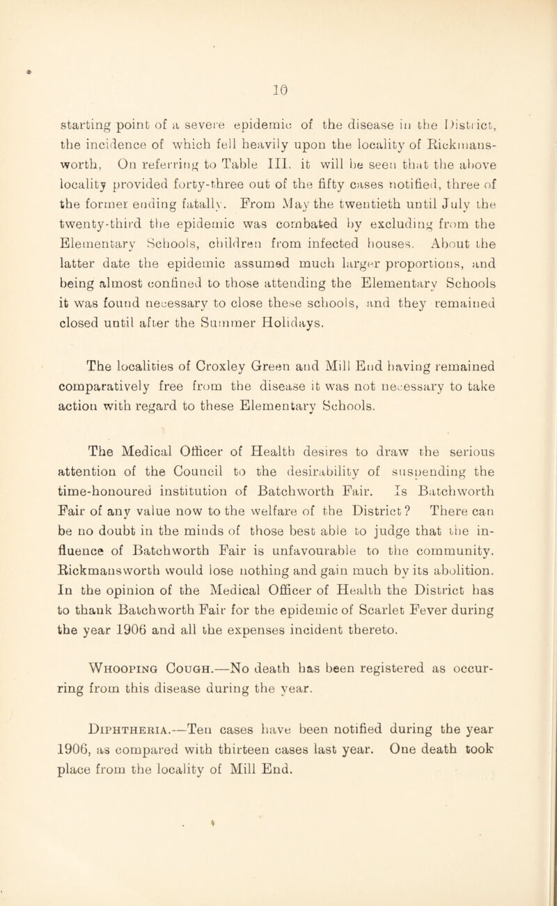 * starting point of a severe epidemic; of the disease in the District, the incidence of which fell heavily upon the locality of Bickmans- worth, On referring to Table III. it will be seen that the above locality provided forty-three out of the fifty cases notified, three of the former ending fatally. From May the twentieth until July the twenty-third the epidemic was combated by excluding from the Elementary Schools, children from infected houses. About the latter date the epidemic assumed much larger proportions, and being almost confined to those attending the Elementary Schools it was found necessary to close these schools, and they remained closed until after the Summer Holidays. The localities of Croxley Green and Mil! End having remained comparatively free from the disease it was not necessary to take action with regard to these Elementary Schools. The Medical Officer of Health desires to draw the serious attention of the Council to the desirability of suspending the time-honoured institution of Batchworth Fair. Is Batchworth Fair of any value now to the welfare of the District? There can be no doubt in the minds of those best able to judge that the in¬ fluence of Batchworth Fair is unfavourable to the community. Bickmansvvorth would lose nothing and gain much bv its abolition. In the opinion of the Medical Officer of Health the District has to thank Batchworth Fair for the epidemic of Scarlet Fever during the year 1906 and all the expenses incident thereto. Whooping Cough.—No death has been registered as occur¬ ring from this disease during the year. Diphtheria.—Ten cases have been notified during the year 1906, as compared with thirteen cases last year. One death took place from the locality of Mill End.