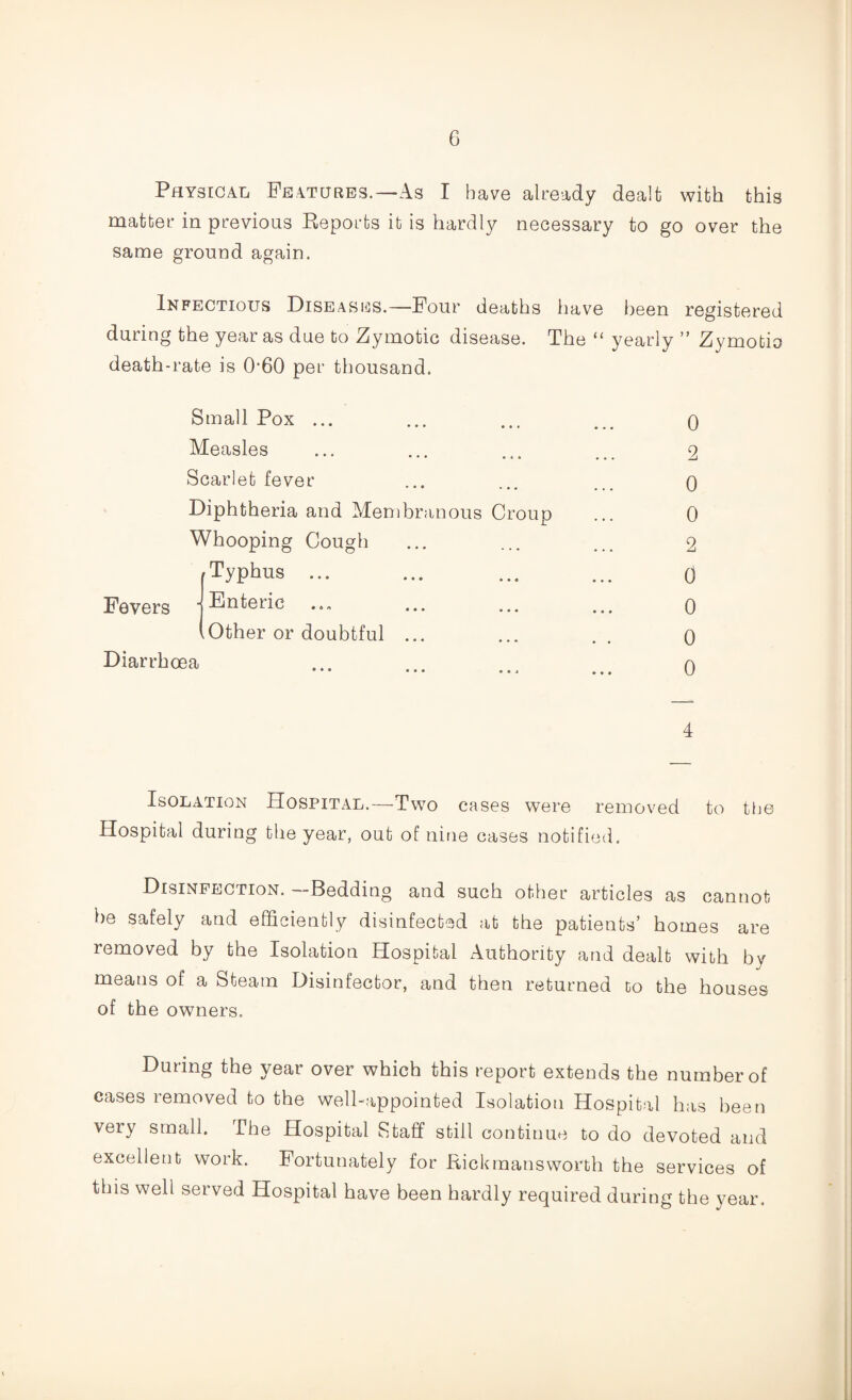 Physical Features.—As I have already dealt with this matter in previous Reports it is hardly necessary to go over the same ground again. Infectious Diseases.—Four deaths have been registered during the year as due to Zymotic disease. The “ yearly ” Zymotic death-rate is OffiO per thousand. Small Pox ... ... ... ... o Measles ... ... ... ... 2 Scarlet fever ... ... ... 0 Diphtheria and Membranous Croup ... 0 Whooping Cough ... ... ... 2 Typhus ... ... ... ... 0 Fevers * Fnteric ... ... ... ... 0 .Other or doubtful ... ... .. 0 Diarrhoea ... n 4 Isolation Hospital.—Two cases were removed to the Hospital during the year, out of nine cases notified. Disinfection. —Bedding and such other articles as cannot be safely and efficiently disinfected at the patients’ homes are removed by the Isolation Hospital Authority and dealt with by means of a Steam Disinfector, and then returned to the houses of the owners. During the year over which this report extends the number of cases removed to the well-appointed Isolation Hospital has been very small. The Hospital Staff still continue to do devoted and excellent work. Fortunately for Rick mans worth the services of this well served Hospital have been hardly required during the year.