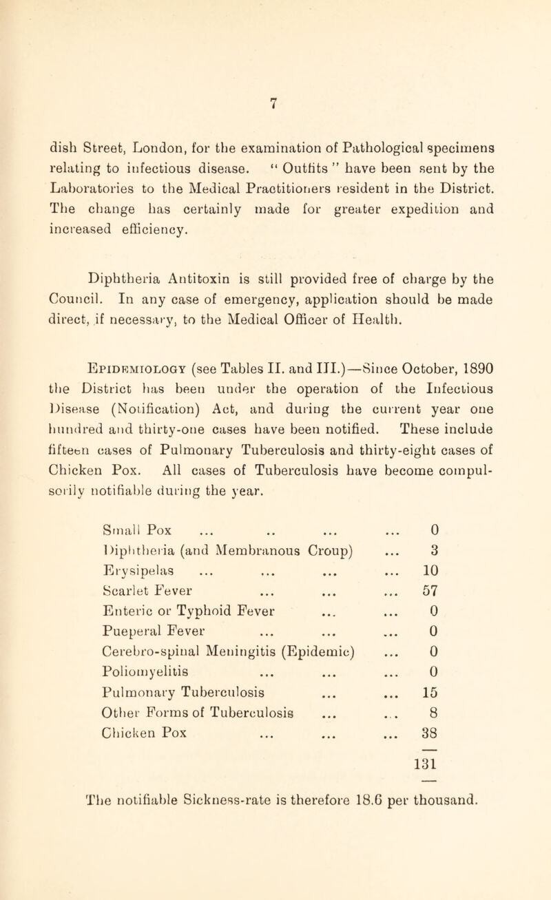 dish Street, London, for the examination of Pathological specimens relating to infectious disease. “ Outfits ” have been sent by the Laboratories to the Medical Practitioners resident in the District. The change has certainly made for greater expedition and increased efficiency. Diphtheria Antitoxin is still provided free of charge by the Council. In any case of emergency, application should be made direct, if necessary, to the Medical Officer of Health. Epidemiology (see Tables II. and III.)—Since October, 1890 the District has been under the operation of the Infectious Disease (Notification) Act, and during the current year one hundred and thirty-one cases have been notified. These include fifteen cases of Pulmonary Tuberculosis and thirty-eight cases of Chicken Pox. All cases of Tuberculosis have become compul¬ sorily notifiable during the year. Small Pox ... .. ... ... 0 Diphtheria (and Membranous Croup) ... 3 Erysipelas ... ... ... ... 10 Scarlet Fever ... ... ... 57 Enteric or Typhoid Fever ... ... 0 Pueperal Fever ... ... ... 0 Cerebro-spinal Meningitis (Epidemic) ... 0 Poliomyelitis ... ... ... 0 Pulmonary Tuberculosis ... ... 15 Other Forms of Tuberculosis ... ... 8 Chicken Pox ... ... ... 38 131 The notifiable Sickness-rate is therefore 18.6 per thousand.