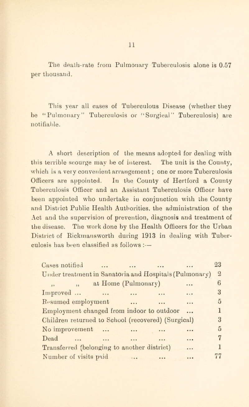 The death-rate from Pulmonary Tuberculosis alone is 0.57 per thousand. This year all cases of Tuberculous Disease (whether they be “Pulmonary” Tuberculosis or “Surgical” Tuberculosis) are notifiable. A short description of the means adopted for dealing with this terrible scourge may be of interest. The unit is the County, which is a very convenient arrangement ; one or more Tuberculosis Officers are appointed. In the County of Hertford a County Tuberculosis Officer and an Assistant Tuberculosis Officer have been appointed who undertake in conjunction with the County and District Public Health Authorities, the administration of the Act and the supervision of prevention, diagnosis and treatment of the disease. The work done by the Health Officers for the Urban District of Rickmansworth during 1913 in dealing with Tuber¬ culosis has been classified as follows :— Cases notified ... ... ... ... 23 Under treatment in Sanatoria and Hospitals (Pulmonary) 2 ,, ,, at Home (Pulmonary) ... 6 Improved ... ... ... ... ... 3 Resumed employment ... ... ... 5 Employment changed from indoor to outdoor ... 1 Children returned to School (recovered) (Surgical) 3 No improvement ... ... ... ... 5 Dead ... ... ... ... ... 7 Transferred (belonging to another district) ... 1 Number of visits paid ... ... ... 77