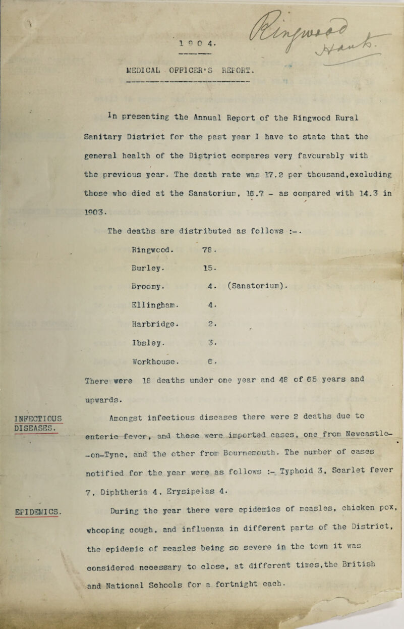 1^0 4. INFECTIOUS DISEASES. EFIDEMICS. MEDICAL OFFICER'S In presenting the Annual Report of the Ringwood Rural Sanitary District for the past year I have to state that the general health of the District compares very favourably with the previous year. The death rate was 17.2 per thousand.excluding those who died at the Sanatorium, 16.7 - as compared with 14.3 in 1003. The deaths are distributed as follows Ringwood. 78 . Burley. 15. Broomy. 4. Ellingham.. 4. Harbridge. 2. Ibsley. 3. Workhouse. 6 . 4. (Sanatorium) There were IS deaths under one year and 48 of 65 years and upwards. Amongst infectious diseases there were 2 deaths due to enteric fever, and these were imported cases, one from Newcastle- -cn-Tyne, and the other from Bournemouth. The number of cases notified for the year were as follows Typhoid 3, Scarlet fever 7, Diphtheria 4, Erysipelas 4. During the year there were epidemics of measles, chicken pox, whooping cough, and influenza in different parts of the District, the epidemic of measles being so severe in the town it was considered necessary to close, at different times,the Britisn and National Schools for a fortnight each.