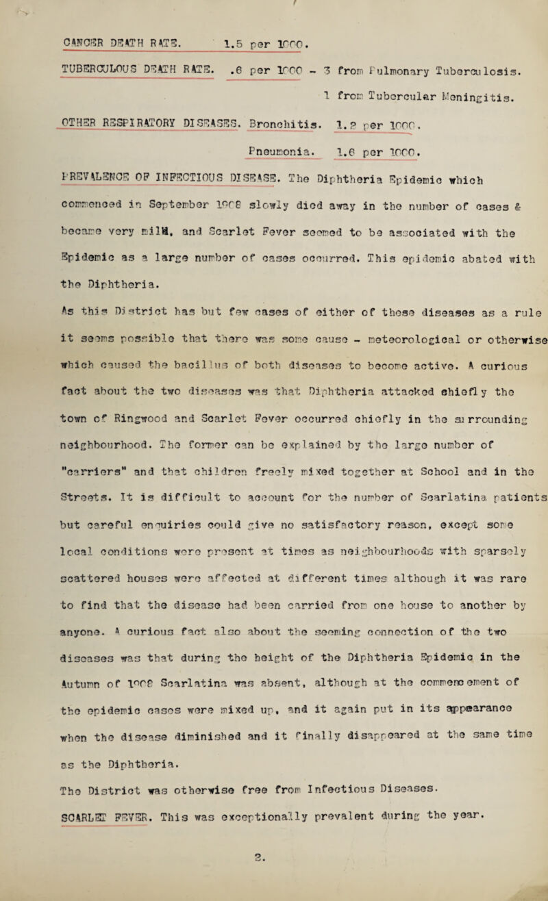 r CANCER DEATH RATE. 1.5 per 1000. TUBERCULOUS DEATH RATE. .e per lrop _ 3 from Pulmonary Tuberculosis. 1 from Tubercular Meningitis. OTHER RESPIRATORY DISEASES. Bronchitis. 1. ? per 1000. Pneumonia. 1.0 per 1000. PREVALENCE OP INFECTIOUS DISEASE. The Diphtheria Epidemic which commenced in September 1008 slowly died away in the number of cases & became very milH, and Scarlet Fever seemed to be associated with the Epidemic as a large number of cases occurred. This epidemic abated with the Diphtheria. As this District has but few cases of either of these diseases as a rule it seems possible that there was some cause - meteorological or otherwise which caused the bacillus of both diseases to become active. A curious fact about the two diseases was that Diphtheria attacked chiefl y the town cr Ringwood and Scarlet Fever occurred chiefly in the surrounding neighbourhood. The former ca.n be explained by the largo number of carriers” and that children freely mixed together at School and in the Streets. It is difficult to account for the number of Scarlatina patients but careful encuiries could give no satisfactory reason, except some local conditions were present at times as neighbourhoods with sparsely scattered houses were affected at different times although it was rare to find that the disease had been carried from one house to another by anyone. a curious fact also about the seeming connection of the two diseases was that during the height of the Diphtheria Epidemic in the Autumn of l°f8 Scarlatina was absent, although at the commencement of the epidemic cases were mixed up, and it again put in its appearance when the disease diminished and it finally disappeared at the same time as the Diphtheria. The District was otherwise free from Infectious Diseases. SCARLET FEVER. This was exceptionally prevalent during the year. p