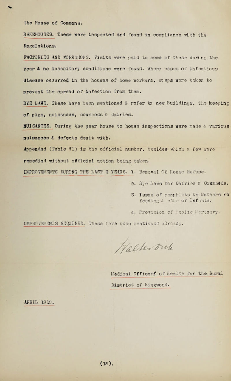 the House of Commons. BAKEHOUSES. These were inspected and found in compliance with the Regulations. FAOTQRIBS AND WORKSHOPS. Visits were paid cc seme of these during the year L no insanitary conditions were found. Where cases of infectious disease occurred in the houses of home workers, steps were taken to prevent the spread of infection from them. BYE MW3. These have been mentioned & refer to new Buildings, the keeping of pigs, nuisances, cowsheds & dairies. NUISANCES. During the year house to house inspections were made e various nuisances t defects dealt with. Appended (Table VI) is the official number, besides which a few wore remedied without official action being taken. IMPROVEMENTS DURING THE LAST 3 YEARS. 1. Removal Of House Refuse. 2. Bye Laws for Dairies t Cowsheds. 3. Issue of pamphlets to Mothers re feeding L care of Infants. Ledioal Officer? of Health for the Rural District of Ringwood. APRIL 19 IP. (16).