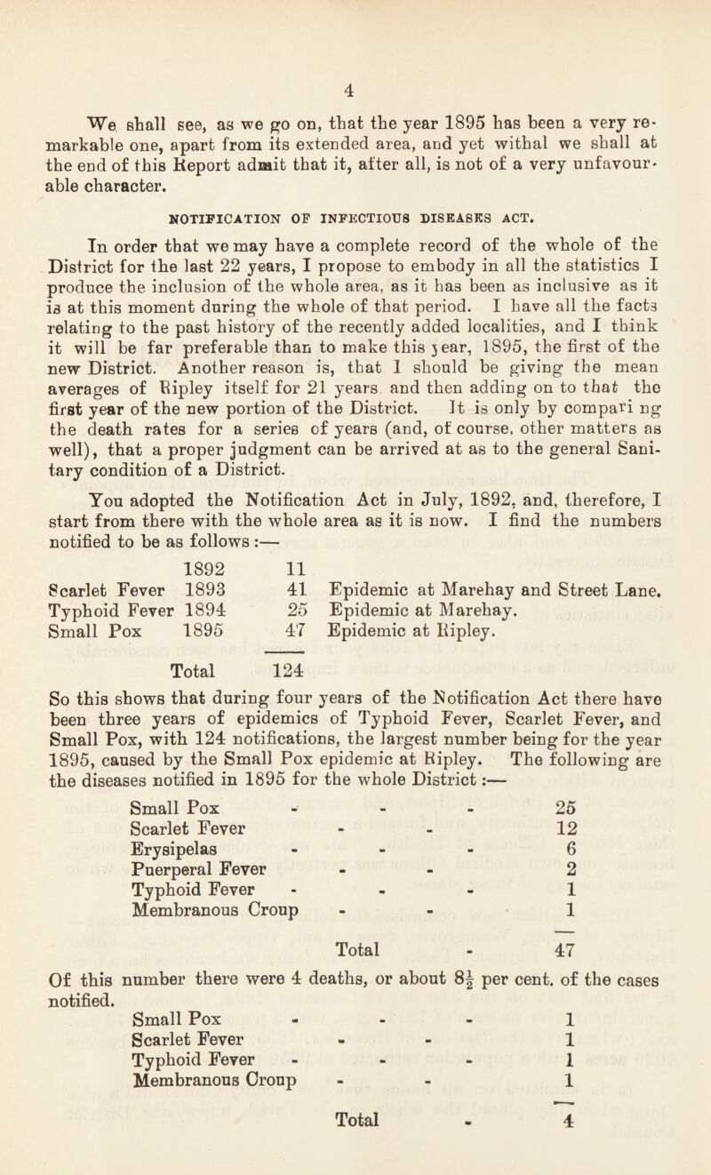 We shall see, as we go on, that the year 1895 has been a very re¬ markable one, apart from its extended area, and yet withal we shall at the end of this Report admit that it, after all, is not of a very unfavour¬ able character. NOTIFICATION OF INFECTIOUS DISEASES ACT. In order that we may have a complete record of the whole of the District for the last 22 years, I propose to embody in all the statistics I produce the inclusion of the whole area, as it has been as inclusive as it is at this moment during the whole of that period. I have all the facts relating to the past history of the recently added localities, and I think it will be far preferable than to make this 3 ear, 1895, the first of the new District. Another reason is, that I should be giving the mean averages of Ripley itself for 21 years and then adding on to that the first year of the new portion of the District. It is only by compa^i ng the death rates for a series of years (and, of course, other matters as well), that a proper judgment can be arrived at as to the general Sani¬ tary condition of a District. You adopted the Notification Act in July, 1892. and, therefore, I start from there with the whole area as it is now. I find the numbers notified to be as follows :— 1892 11 Scarlet Fever 1893 41 Epidemic at Marehay and Street Lane. Typhoid Fever 1894 25 Epidemic at Marehay. Small Pox 1895 47 Epidemic at Ripley. Total 124 So this shows that during four years of the Notification Act there have been three years of epidemics of Typhoid Fever, Scarlet Fever, and Small Pox, with 124 notifications, the largest number being for the year 1895, caused by the Small Pox epidemic at Ripley. The following are the diseases notified in 1895 for the whole District:— Small Pox 25 Scarlet Fever - 12 Erysipelas - 6 Puerperal Fever - 2 Typhoid Fever - 1 Membranous Croup - 1 Total - 47 Of this number there were 4 deaths, or about 8J per cent, of the cases notified. Small Pox - 1 Scarlet Fever - 1 Typhoid Fever - 1 Membranous Croup - 1 Total 4