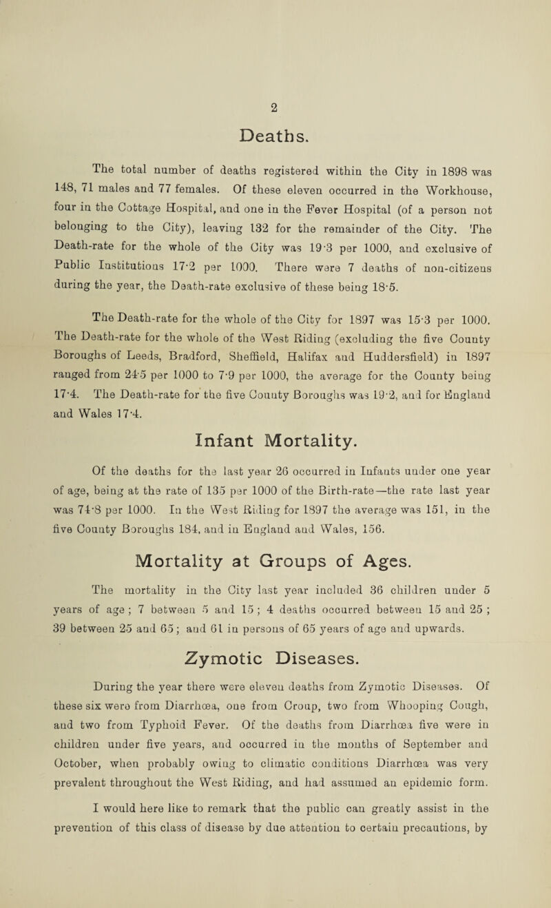 2 Deaths. The total number of deaths registered within the City in 1898 was 148, 71 males and 77 females. Of these eleven occurred in the Workhouse, four in the Cottage Hospital, and one in the Fever Hospital (of a person not belonging to the City), leaving 132 for the remainder of the City. The Death-rate for the whole of the City was 19 3 per 1000, and exclusive of Public Institutions 17*2 per 1000. There were 7 deaths of non-citizens during the year, the Death-rate exclusive of these being 18-5. The Death-rate for the whole of the City for 1897 was 153 per 1000. The Death-rate for the whole of the West Riding (excluding the five County Boroughs of Leeds, Bradford, Sheffield, Halifax and Huddersfield) in 1897 ranged from 245 per 1000 to 7-9 per 1000, the average for the County being 17'4. The Death-rate for the five County Boroughs was 192, and for England and Wales 17‘4. Infant Mortality. Of the deaths for the last year 26 occurred in Infauts under one year of age, being at the rate of 135 per 1000 of the Birth-rate—the rate last year was 74-8 per 1000. In the West Riding for 1897 the average was 151, in the five County Boroughs 184, aud in England and Wales, 156. Mortality at Groups of Ages. The mortality in the City last year included 36 children under 5 years of age ; 7 between 5 and 15 ; 4 deaths occurred betweeu 15 and 25 ; 39 between 25 and 65; aud 61 in persons of 65 years of age and upwards. Zymotic Diseases. During the year there were eleven deaths from Zymotic Diseases. Of these six were from Diarrhoea, one from Croup, two from Whooping Cough, and two from Typhoid Fever. Of the deaths from Diarrhoea five were in children under five years, aud occurred in the months of September and October, when probably owing to climatic conditions Diarrhoea was very prevalent throughout the West Riding, and had assumed an epidemic form. I would here like to remark that the public can greatly assist in the prevention of this class of disease by due attention to certain precautions, by