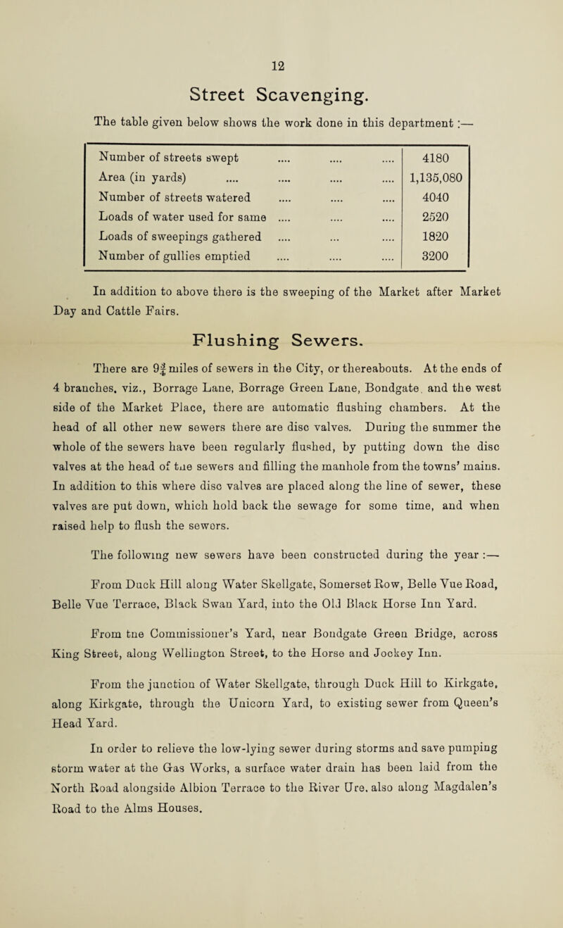 12 Street Scavenging. The table given below shows the work done in this department :— Number of streets swept 4180 Area (in yards) 1,135,080 Number of streets watered 4040 Loads of water used for same .... 2520 Loads of sweepings gathered 1820 Number of gullies emptied 3200 In addition to above there is the sweeping of the Market after Market Day and Cattle Fairs. Flushing Sewers. There are 9f miles of sewers in the City, or thereabouts. At the ends of 4 branches, viz., Borrage Lane, Borrage Green Lane, Bondgate. and the west side of the Market Place, there are automatic flushing chambers. At the head of all other new sewers there are disc valves. During the summer the whole of the sewers have been regularly flushed, by putting down the disc valves at the head of tne sewers and filling the manhole from the towns’ mains. In addition to this where disc valves are placed along the line of sewer, these valves are put down, which hold back the sewage for some time, and when raised help to flush the sewors. The following new sewers have been constructed during the year : — From Duck Hill along Water Skellgate, Somerset Bow, Belle VueBoad, Belle Vue Terrace, Black Swan Yard, into the 01J Black: Horse Inn Yard. From tne Commissioner’s Yard, near Bondgate Green Bridge, across King Street, along Wellington Street, to the Horse and Jockey Inn. From the junction of Water Skellgate, through Duck Hill to Kirkgate, along Kirkgate, through the Unicorn Yard, to existing sewer from Queen’s Head Yard. In order to relieve the low-lying sewer during storms and save pumping storm water at the Gas Works, a surface water drain has been laid from the North Boad alongside Albion Terrace to the Biver Qre. also along Magdalen’s Boad to the Alms Houses.
