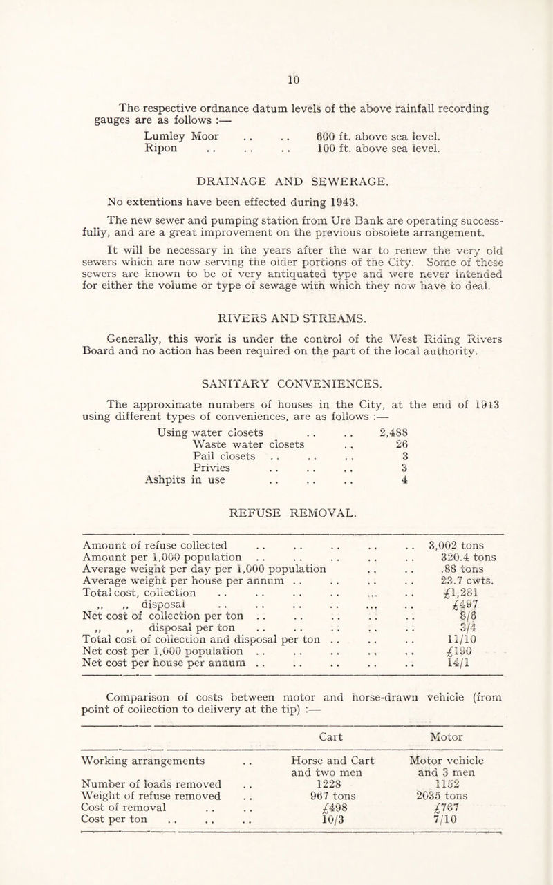 The respective ordnance datum levels of the above rainfall recording gauges are as follows :— Lumley Moor . . . . 600 ft. above sea level. Ripon . . . . . . 100 ft. above sea level. DRAINAGE AND SEWERAGE. No extentions have been effected during 1943. The new sewer and pumping station from Ure Bank are operating success¬ fully, and are a great improvement on the previous obsolete arrangement. It will be necessary in the years after the war to renew the very old sewers which are now serving the older portions of the City. Some of these sewers are known to be of very antiquated type and were never intended for either the volume or type of sewage with which they now have to deal. RIVERS AND STREAMS. Generally, this work is under the control of the West Riding Rivers Board and no action has been required on the part of the local authority. SANITARY CONVENIENCES. The approximate numbers of houses in the City, at the end of 1943 using different types of conveniences, are as follows :— Using water closets . . . . 2,488 Waste water closets . . 26 Pail closets . . . . . . 3 Privies . . . . . . 3 Ashpits in use .. . . .. 4 REFUSE REMOVAL. Amount of refuse collected . . . . . . . . . . 3,002 tons Amount per 1,000 population . . . . . . , . . . 320.4 tons Average weight per day per 1,000 population . . . . .88 tons Average weight per house per annum . . . . . . . . 23.7 cwts. Total cost, collection .. .. .. .. ... .. ^1,281 ,, ,, disposal . . . . . . . . ... . . ^497 Net cost of collection per ton . . . . . . . . . . 8/6 ,, ,, disposal per ton . . . . . . . . . . 3/4 Total cost of collection and disposal per ton . . . . . . 11/10 Net cost per 1,000 population . . . . . . . , . . ^190 Net cost per house per annum . . . . .. . . .. 14/1 Comparison of costs between motor and horse-drawn vehicle (from point of collection to delivery at the tip) :— Cart Motor Working arrangements Number of loads removed Weight of refuse removed Cost of removal Cost per ton Horse and Cart and two men 1228 967 tons /498 10/3 Motor vehicle and 3 men 1152 2035 tons 7/10