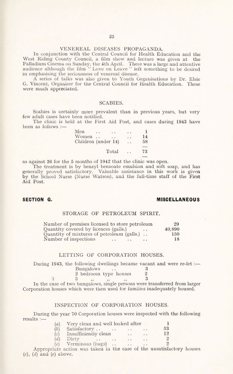 VENEREAL DISEASES PROPAGANDA. In conjunction with the Central Council for Health Education and the West Riding County Council, a film show and lecture was given at the Palladium Cinema on Sunday, the 4th April. There was a large and attentive audience although the film “ Love on Leave ” left something to be desired in emphasising the seriousness of venereal disease. A series of talks was also given to Youth Organisations by Dr. Elsie G. Vincent, Organiser for the Central Council for Health Education. These were much appreciated. SCABIES. Scabies is certainly more prevalent than in previous years, but very few adult cases have been notified. The clinic is held at the First Aid Post, and cases during 1943 have been as follows :— Men 1 Women 14 Children (under 14) 58 Total 73 as against 36 for the 5 months of 1942 that the clinic was open. The treatment is by benzyl benzoate emulsion and soft soap, and has generally proved satisfactory. Valuable assistance in this work is given by the School Nurse (Nurse Watson), and the full-time staff of the First Aid Post. SECTION G. MISCELLANEOUS STORAGE OF PETROLEUM SPIRIT. Number of premises licensed to store petroleum 29 Quantity covered by licences (galls.) . . 40,890 Quantity of mixtures of petroleum (galls.) . . 150 Number of inspections .. . . . . 18 LETTING OF CORPORATION HOUSES. During 1943, the following dwellings became vacant and were re-let :— Bungalows . . 3 2 bedroom type houses 2 4 O 9 9 9 9 9 9 & In the case of two bungalows, single persons were transferred from larger Corporation houses which were then used for families inadequately housed. INSPECTION OF CORPORATION HOUSES. During the year 70 Corporation houses were inspected with the following results :— (a) Very clean and well looked after 1 (b) Satisfactory 53 (c) Insufficiently clean 12 (d) Dirty 2 (e) Verminous (bugs) 2 Appropriate action was taken in the case of the unsatisfactory houses (c), (d) and (<e) above,