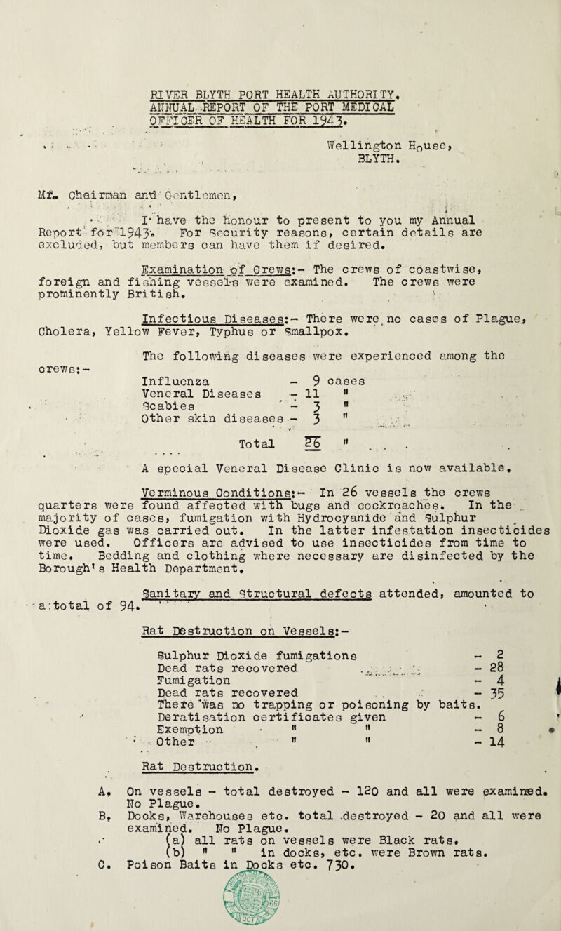 AI1MJAL-.REPORT OF THE PORT MEDICAL OFFICER OF HEALTH FOR 1943. Vf Wellington H0use, BLYTH. Mr- Chai rman anti' G-ont 1 omen, , * ■ k' :. - - - * * •' 4 ' I* have the honour to present to you my Annual Report1 for'1943* For Security reasons, certain details are excluded, but members can have them if desired. Examination of Crews:- The crews of coastwise, foreign and fishing v0ssel-s~were examined. The crews were prominently British, Infectious Diseases:- There were no cases of Plague, Cholera, Yellow Fever, Typhus or Smallpox. crews: - The following diseases were experienced among the Influenza - 9 cases Veneral Diseases - 11 n Scabies - 3  Other skin diseases - 3 rl f ' Total H  . . • A special Veneral Disease Clinic is now available. Verminous Conditions:*- In 26 vessels the crews quarters were found affected with bugs and cockroaches. In the majority of cases, fumigation with Hydrocyanide and Sulphur Dioxide gas was carried out. In the latter infestation insecticides were used. Officers are advised to use insecticides from time to time. Bedding and clothing where necessary are disinfected by the Borough* 8 Health Department, Sanitary and structural defects attended, amounted to • a:total of 94* Rat Destruction on Vessels;- Sulphur Dioxide fumigations Dead rats recovered -V; .-‘-4- Fumigation Dead rats recovered Thefe was no trapping or poisoning by Deratisation certificates given Exemption > M n Other  w Rat Destruction. A, On vessels - total destroyed - 12o and all were examined, Ho Plague. B, Docks, Warehouses etc. total .destroyed - 20 and all were examined. No Plague. (a) all rat8 on vessels were Black rats, (b) n ,r in docks, etc, were Brown rats. C, Poison Baits in Docks etc. 730* baits. - 6 - 8 - 14