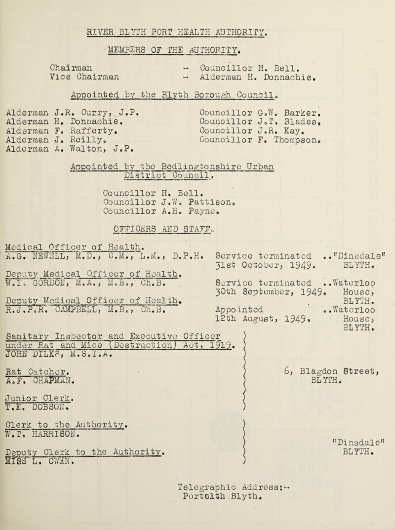 MEMBERS OF THE AUTHORITY, Chairman - Councillor H. Bell. Vice Chairman - Alderman H. Donnachie. Appointed by the Blyth Borough Council. Alderman Alderman Alderman Alderman Alderman J.R. Curry, J.P. H. Donnachie. F. Rafferty, J, Reilly, A. Walton, J.P, Councillor G.W, Barker. Councillor J. T • 31ades. Councillor J.R, Kay, Councillor F. Thompson, Appointed hy the Bodlingtonshirc Urban District Council5 Councillor H. Boll. Councillor J.W. Pattison® Councillor A.H. Payne. OFFICERS AND STAFF.. Modical 0fficer of Health, A.G. NEWELL, M.D., C.M., L.M., D.P.H, Deputy Medical Officer of Health, WTl e ' GORDON# Ch.B. Service terminated ,. ,fDinsdalelf 31st October, 1949* BLYTH. Deputy Medical Officer of Health, R.J.P,R.' CAMPBELL, M.B., Ch.B'.’ Service terminated ..Waterloo 30th September, 1949® House, BLYTH, Appointed ..Waterloo 12th August, 1949. House, BLYTH. Sanitary Inspector and Executive Officer under Rat and Mice (Destruction) Act, 1919. JOHN DILKS, M.S.I.A. Rat Catcher. A.F* CHAPMAN. 6, Blagdon Street, BLYTH. Junior Clerk. T.E. DOBSON. Clerk to the Authority. W.T* HARRISON. Deputy Clerk to the Authority. MISS L. OWEN. 11 Dinsdale11 BLYTH. Telegraphic Address:- Portedth.Blyth,