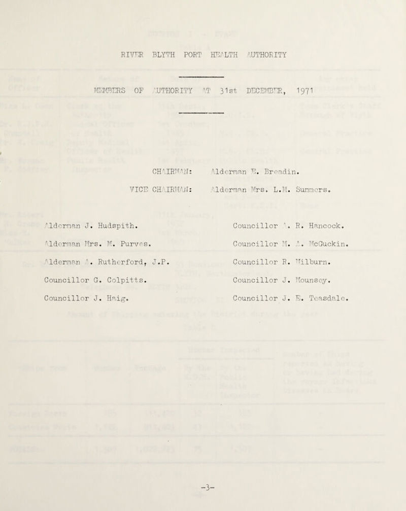 MICMBERS OF AUTHORITY IT 31st DECEMBER, I97I CHAIRMAN: Alderman E. Breadin. VICE CHA.IRMAjJ: /Alderman Mrs, L.M. Sumners. Alderman J. Hudspith. A.lderman Mrs, U. Purves. A.ldernan A. Rutherfordr J,P. Councillor G, Colpitis. Councillor J. Haig, Councillor . Councillor U. Councillor R. Councillor J. Councillor J. R. Hancock. A. McGuckin. Uilburn. Moun s ey. E. Teasdale. -3-