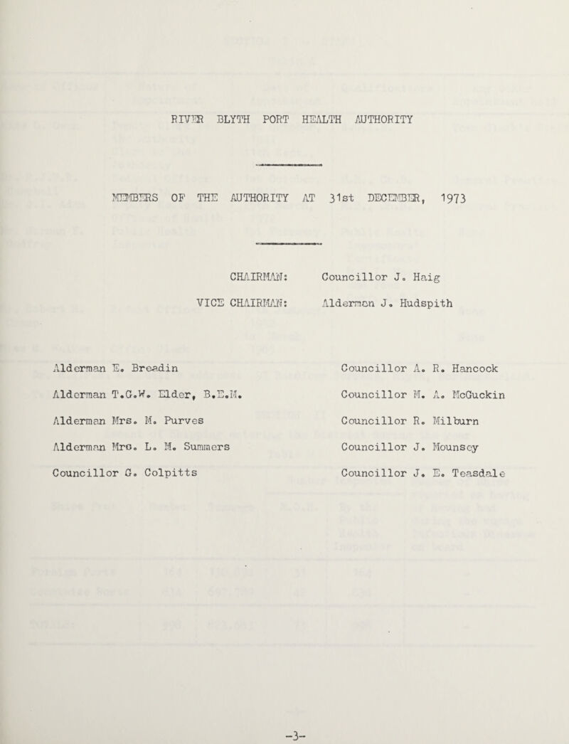 MEMBERS OF THE AUTHORITY AT 31st DECEMBER, 1973 CHAIRMAN: Councillor Ja Haig VICE CHAIRMAN: Aldermen J. Hudspith Alderman E« Breadin Alderman T.GoW* Elder, B.EoM. Alderman Mrs» Mo Purves Alderman Mrc0 L. M» Summers Councillor G. Colpitis Councillor A Councillor M Councillor R Councillor J Councillor J R. Hancock Ao McGuckin Milburn Mounscy E« Teasdale -3