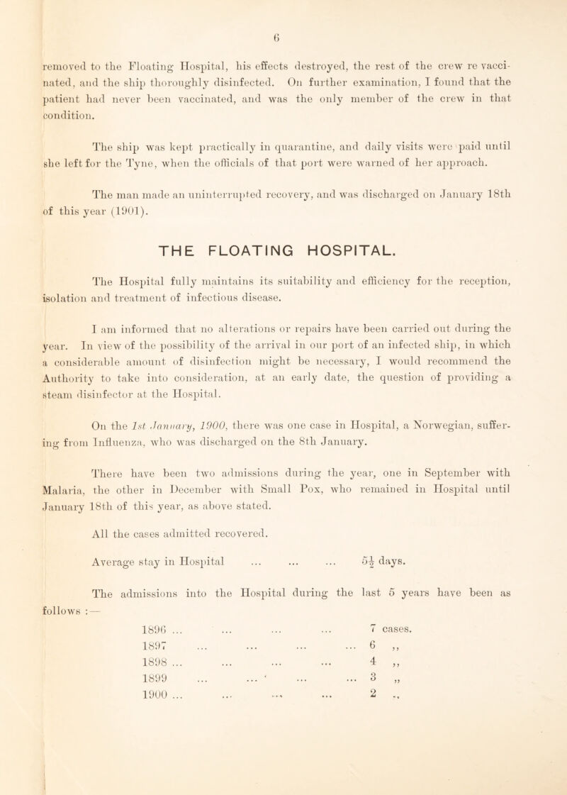 removed to the Floating Hospital, his effects destroyed, the rest of the crew re vacci¬ nated, and the ship thoroughly disinfected. On further examination, I found that the patient had never been vaccinated, and was the only member of the crew in that condition. The ship was kept practically in quarantine, and daily visits were paid until she left for the Tyne, when the officials of that port were warned of her approach. The man made an uninterrupted recovery, and was discharged on January 18th of this year (1901). THE FLOATING HOSPITAL. The Hospital fully maintains its suitability and efficiency for the reception, isolation and treatment of infectious disease. I am informed that no alterations or repairs have been carried out during the year. In view of the possibility of the arrival in our port of an infected ship, in which a considerable amount of disinfection might be necessary, I would recommend the Authority to take into consideration, at an early date, the question of providing a steam disinfector at the Hospital. On the 1st January, 1900, there was one case in Hospital, a Norwegian, suffer¬ ing from Influenza, who was discharged on the 8th January. There have been two admissions during the year, one in September with Malaria, the other in December with Small Pox, who remained in Hospital until January 18th of this year, as above stated. All the cases admitted recovered. Average stay in Hospital ... ... ... 5-| days. The admissions into the Hospital during the last 5 years have been as follows : — 1896 ... 1897 1898 ... 1899 1900 ... 6 4 3 2 cases. > 5 J > n «• *