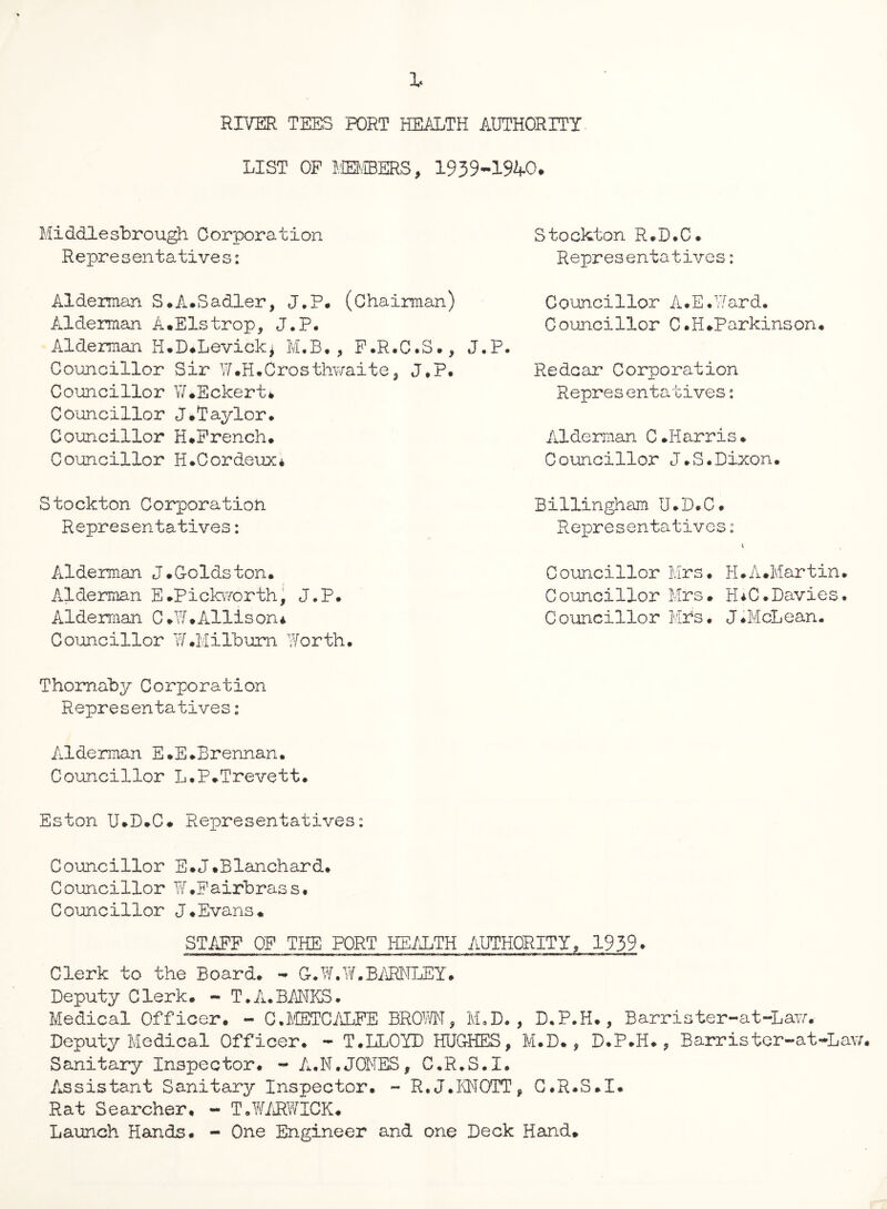 RIVER TEES FORT HEALTH AUTHORITY LIST OF MEMBERS, 1939-1940* Middlesbrough Corporation Stockton R.D.C. Representatives: Representatives: Alderman S.A.Sadler, J.P. (Chairman) Councillor A.E.Ward. Alderman A.Elstrop, J.P. Councillor C.H.Par kins on. Alderman H.D.Levick* M.B. , F.R.C.S., J.P. Councillor Sir W.H.Crosthwaite, J*P. Redcar Corporation Councillor W.Eckert. Councillor J.Taylor. Councillor H.French. Councillor H.Cor deux* Stockton Corporation Representatives: Alderman J. Colds ton. Alderman E.Pickworth, J.P. Alderman C.W.Allison* Councillor W .Mi lb urn Worth. Thomaby Corporation Representatives: Alderman E.E.Brennan. Councillor L.P.Trevett. Eston U.D.C. Representatives: Councillor E.J.Blanchard. Councillor W.Fairbrass. Councillor J.Evans. STAFF OF THE PORT HEALTH AUTHORITY, 1939 > Clerk to the Board. - G.W.W.BARNLEY* Deputy Clerk. - T. A. BANKS. Medical Officer. - C.METCALFE BROW, M.D. , D.P.H., Barrister-at-Law. Deputy Medical Officer. - T.LLOYD HUCHES, M.D. , D.P.H. ? Barrister-at-Law Sanitary Inspector. - A.N.JONES, C.R.S.I. Assistant Sanitary Inspector. - R.J.KNOTT, C.R.S.I. Rat Searcher, - T.WARWICK. Launch Hands. - One Engineer and one Deck Hand. Representatives: Alderman C.Harris. Councillor J.S.Dixon. Billingham U.D.C. Representatives: * Councillor Mrs. H.A.Martin. Councillor Mrs. HiC.Davies. Councillor Mrs. J.McLean.