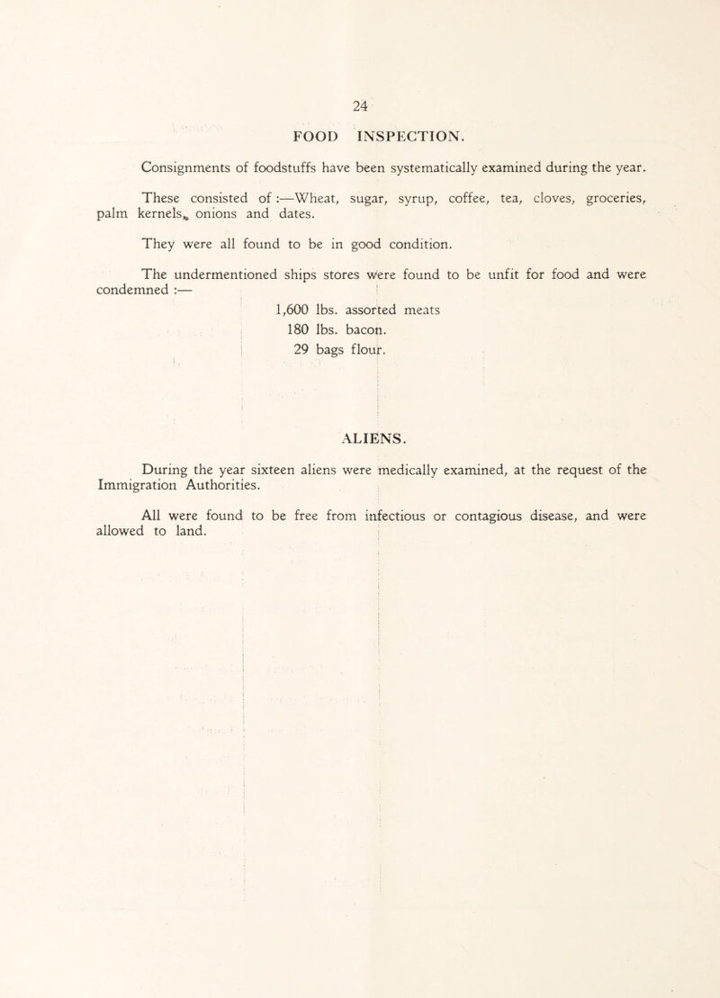 FOOD INSPECTION. Consignments of foodstuffs have been systematically examined during the year. These consisted of:—Wheat, sugar, syrup, coffee, tea, cloves, groceries, palm kernels* onions and dates. They were all found to be in good condition. The undermentioned ships stores were condemned :— found to be unfit for food and were 1,600 lbs. assorted meats 180 lbs. bacon. 29 bags flouf. ALIENS. During the year sixteen aliens were medically examined, at the request of the Immigration Authorities. All were found to be free from infectious or contagious disease, and were allowed to land. i I i !