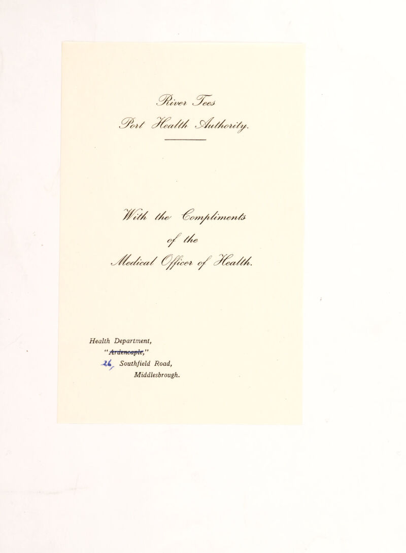 Health Department, “ Artirrte&plv,” Southfield Road, / Middlesbrough.