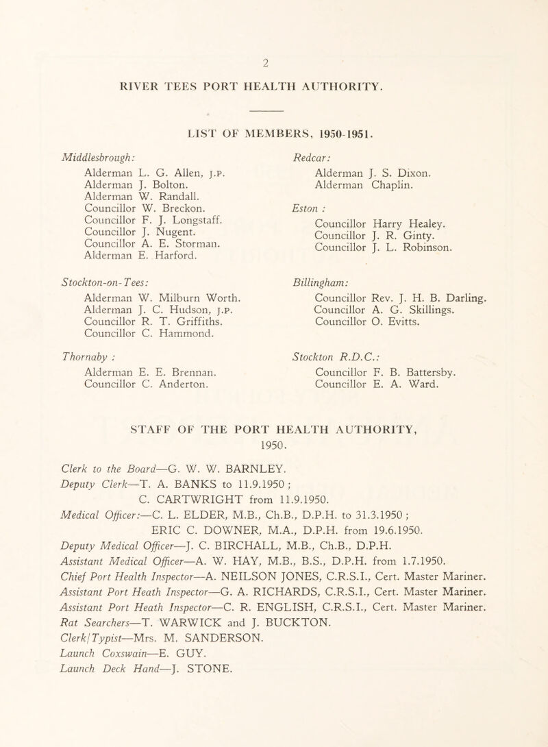 RIVER TEES PORT HEALTH AUTHORITY. LIST OF MEMBERS, 1950 1951. Middlesbrough: Alderman L. G. Allen, j.p. Alderman J. Bolton. Alderman W. Randall. Councillor W. Breckon. Councillor F. J. Longstaff. Councillor J. Nugent. Councillor A. E. Storman. Alderman E. Harford. Stockton-on- Tees: Alderman W. Milburn Worth. Alderman J. C. Hudson, j.p. Councillor R. T. Griffiths. Councillor C. Hammond. Thornaby : Alderman E. E. Brennan. Councillor C. Anderton. Redcar: Alderman J. S. Dixon. Alderman Chaplin. Eston : Councillor Harry Healey. Councillor J. R. Ginty. Councillor J. L. Robinson. Billingham: Councillor Rev. J. H. B. Darling. Councillor A. G. Skillings. Councillor O. Evitts. Stockton R.D.C.: Councillor F. B. Battersby. Councillor E. A. Ward. STAFF OF THE PORT HEALTH AUTHORITY, 1950. Clerk to the Board—G. V/. W. BARNLEY. Deputy Clerk—T. A. BANKS to 11.9.1950; C. CARTWRIGHT from 11.9.1950. Medical Officer:—C. L. ELDER, M.B., Ch.B., D.P.H. to 31.3.1950; ERIC C. DOWNER, M.A., D.P.H. from 19.6.1950. Deputy Medical Officer—J. C. BIRCHALL, M.B., Ch.B., D.P.H. Assistant Medical Officer—A. W. HAY, M.B., B.S., D.P.H. from 1.7.1950, Chief Port Health Inspector—A. NEILSON JONES, C.R.S.I., Cert. Master Mariner. Assistant Port Heath Inspector—G. A. RICHARDS, C.R.S.I., Cert. Master Mariner. Assistant Port Heath Inspector—C. R. ENGLISH, C.R.S.I., Cert. Master Mariner. Rat Searchers—T. WARWICK and J. BUCKTON. Clerk! Typist—Mrs. M. SANDERSON. Launch Coxswain—E. GUY. Launch Deck Hand—J. STONE.
