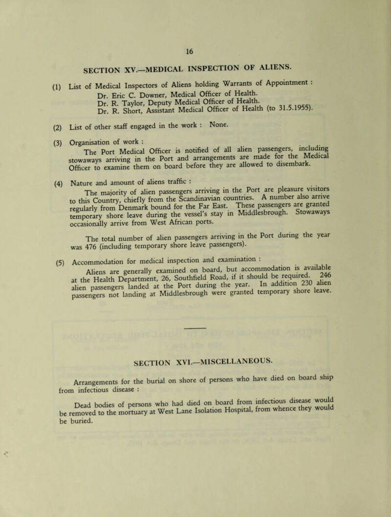 SECTION XV.—MEDICAL INSPECTION OF ALIENS. (1) List of Medical Inspectors of Aliens holding Warrants of Appointment : Dr. Eric C. Downer, Medical Officer of Health. Dr R. Tavlor, Deputy Medical Officer of Health. Dr. R. Short, Assistant Medical Officer of Health (to 31.5.1955). (2) List of other staff engaged in the work : None. (3) Organisation of work : The Port Medical Officer is notified of all alien passengers, including stowaways arriving in the Port and arrangements are made for the Medical Officer to examine them on board before they are allowed to disembark. (4) Nature and amount of aliens traffic : The majority of alien passengers arriving in the Port are pleasure visitors to this Country, chiefly from the Scandinavian coumries. A number also arrive regularly from Denmark bound for the Far East, ^^ese p^sengers are granted temporary shore leave during the vessel’s stay in Middlesbrough. Stowaways occasionally arrive from West African ports. The total number of alien passengers arriving in the Port during the year was 476 (including temporary shore leave passengers). (5) Accommodation for medical inspection and examination : Aliens are generally examined on board, but accommodation is available at the Health Department, 26, Southfield Road, if it should be required. 246 alien passengers landed at the Port during the year. In addition 230 alien passengers not landing at Middlesbrough were granted temporary shore leave. SECTION XVL—MISCELLANEOUS. Arrangements for the burial on shore of persons who have died on board ship from infectious disease : Dead bodies of persons who had died on board from infectious disease would be removed to the mortuary at West Lane Isolation Hospital, from whence they would be buried.