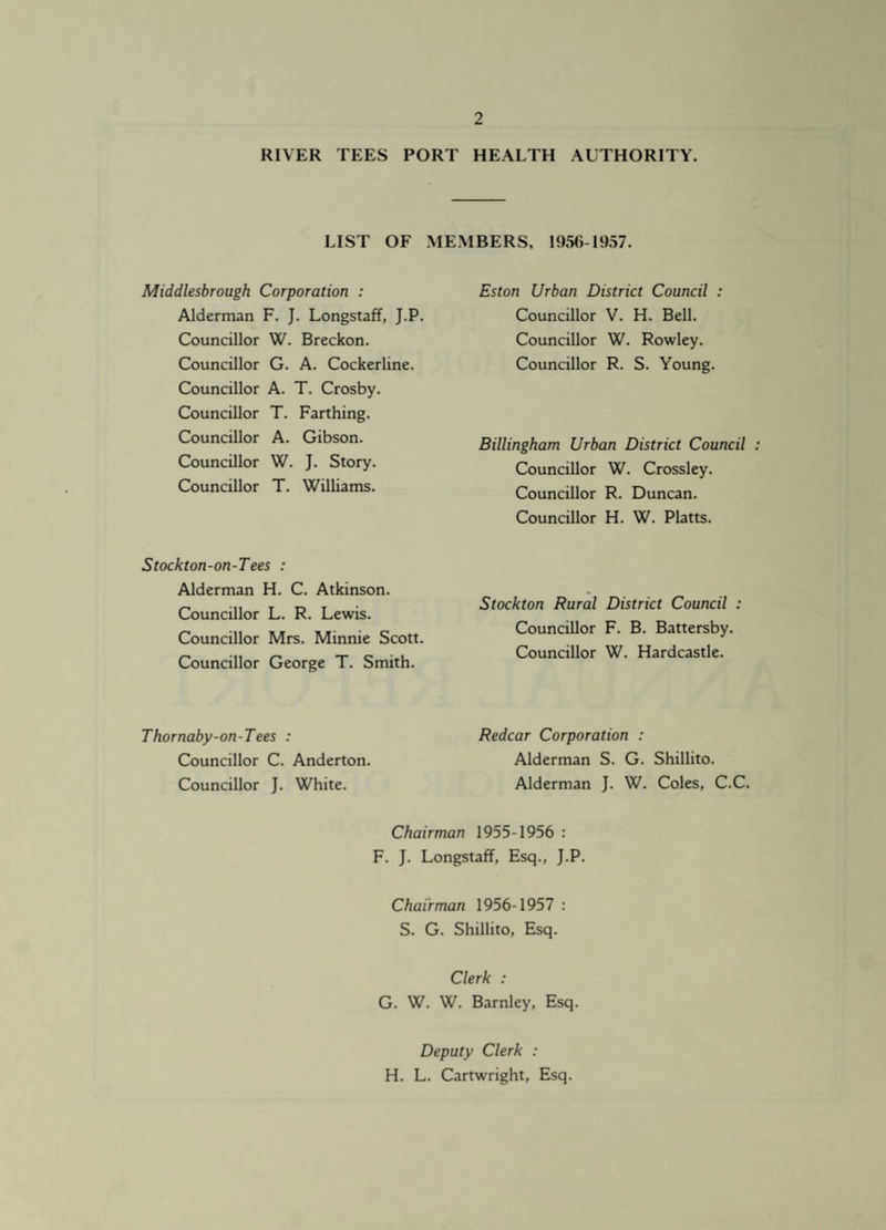 RIVER TEES PORT HEALTH AUTHORITY. LIST OF MEMBERS, 1956-1957. Middlesbrough Corporation : Alderman F. J. Longstaff, J.P. Councillor W. Breckon. Councillor G. A. Cockerline. Councillor A. T. Crosby. Councillor T. Farthing. Councillor A. Gibson. Councillor W. J. Story. Councillor T. Williams. Stockton-on-Tees : Alderman H. C. Atkinson. Councillor L. R. Lewis. Councillor Mrs. Minnie Scott. Councillor George T. Smith. Eston Urban District Council : Councillor V. H. Bell. Councillor W. Rowley. Councillor R. S. Young. Billingham Urban District Council Councillor W. Crossley. Councillor R. Duncan. Councillor H. W. Platts. Stockton Rural District Council : Councillor F. B. Battersby. Councillor W. Hardcastle. Thornaby-on-Tees : Councillor C. Anderton. Councillor J. White. Redcar Corporation : Alderman S. G. Shillito. Alderman J. W. Coles, C.C. Chairman 1955-1956 : F. J. Longstaff, Esq., J.P. Chairman 1956-1957 : S. G. Shillito, Esq. Clerk : G. W. W. Barnley, Esq. Deputy Clerk : H. L. Cartwright, Esq.