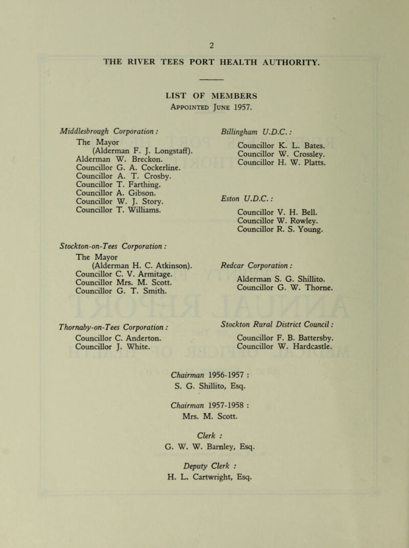 THE RIVER TEES PORT HEALTH AUTHORITY. LIST OF MEMBERS Appointed June 1957. Middlesbrough Corporation: The Mayor (Alderman F. J. Longstaff). Alderman W. Breckon. Councillor G. A. Cockerline. Councillor A. T. Crosby. Councillor T. Farthing. Councillor A. Gibson. Councillor W. J. Story. Councillor T. Williams. Stockton-on-Tees Corporation: The Mayor (Alderman H. C. Atkinson). Councillor C. V. Armitage. Councillor Mrs. M. Scott. Councillor G. T. Smith. Thornaby-on-Tees Corporation: Councillor C. Anderton. Councillor J. White. Billingham U.D.C.: Councillor K. L. Bates. Councillor W. Crossley. Councillor H. W. Platts. Eston U.D.C.: Councillor V. H. Bell. Councillor W. Rowley. Councillor R. S. Young. Redcar Corporation : Alderman S. G. Shillito. Councillor G. W. Thome. Stockton Rural District Council: Councillor F. B. Battersby. Councillor W. Hardcastle. Chairman 1956-1957 : S. G. Shillito, Esq. Chairman 1957-1958 : Mrs. M. Scott. Clerk : G. W. W. Bamley, Esq. Deputy Clerk : H. L. Cartwright, Esq.