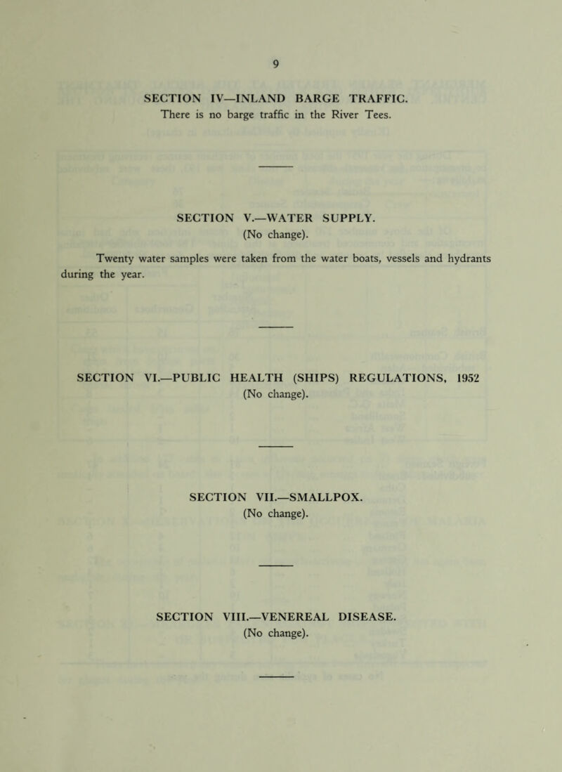 SECTION IV—INLAND BARGE TRAFFIC. There is no barge traffic in the River Tees. SECTION V.—WATER SUPPLY. (No change). Twenty water samples were taken from the during the year. water boats, vessels and hydrants SECTION VI.—PUBLIC HEALTH (SHIPS) REGULATIONS, 1952 (No change). SECTION VII.—SMALLPOX. (No change). SECTION VIII.—VENEREAL DISEASE. (No change).