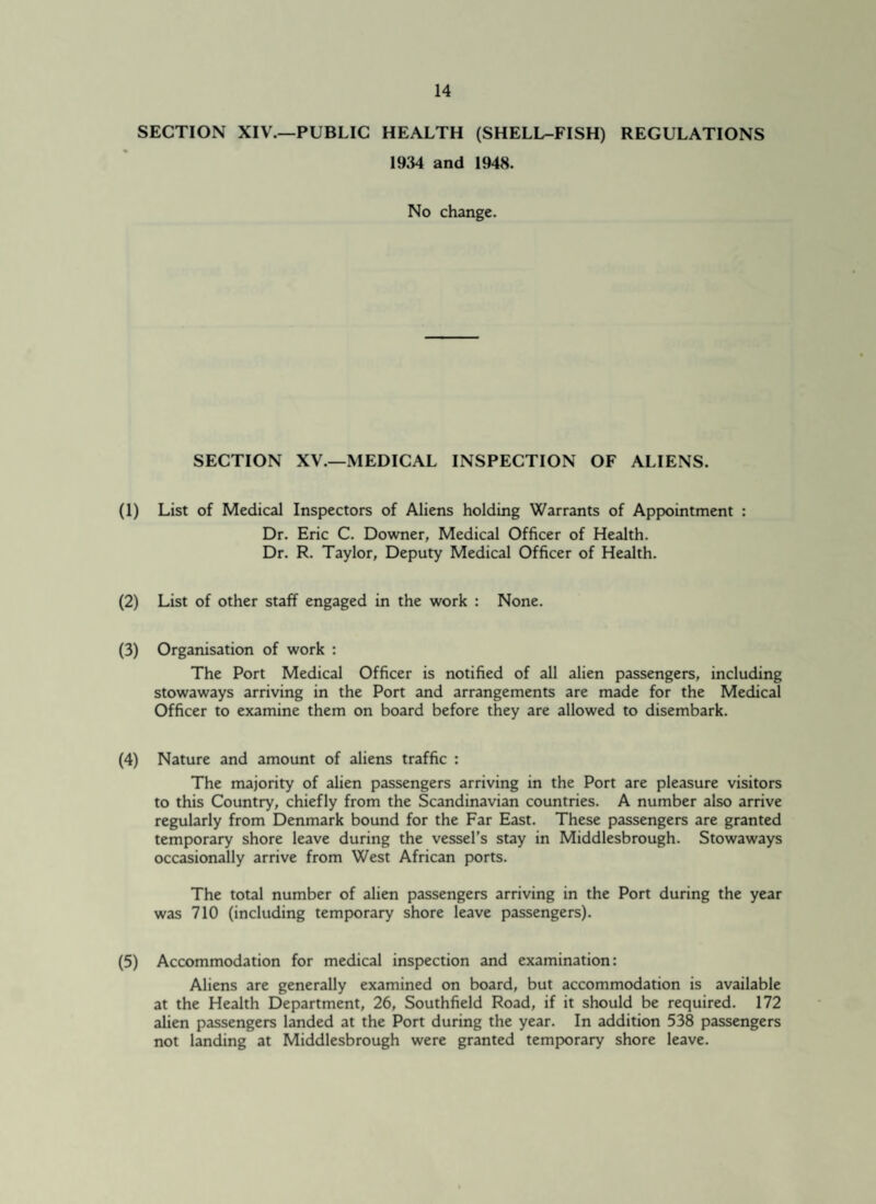 SECTION XIV.—PUBLIC HEALTH (SHELL-FISH) REGULATIONS 1934 and 1948. No change. SECTION XV.—MEDICAL INSPECTION OF ALIENS. (1) List of Medical Inspectors of Aliens holding Warrants of Appointment : Dr. Eric C. Downer, Medical Officer of Health. Dr. R. Taylor, Deputy Medical Officer of Health. (2) List of other staff engaged in the work : None. (3) Organisation of work : The Port Medical Officer is notified of all alien passengers, including stowaways arriving in the Port and arrangements are made for the Medical Officer to examine them on board before they are allowed to disembark. (4) Nature and amount of aliens traffic : The majority of alien passengers arriving in the Port are pleasure visitors to this Country, chiefly from the Scandinavian countries. A number also arrive regularly from Denmark bound for the Far East. These passengers are granted temporary shore leave during the vessel’s stay in Middlesbrough. Stowaways occasionally arrive from West African ports. The total number of alien passengers arriving in the Port during the year was 710 (including temporary shore leave passengers). (5) Accommodation for medical inspection and examination: Aliens are generally examined on board, but accommodation is available at the Health Department, 26, Southfield Road, if it should be required. 172 alien passengers landed at the Port during the year. In addition 538 passengers not landing at Middlesbrough were granted temporary shore leave.
