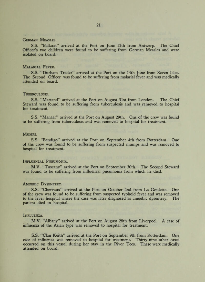 German Measles. S.S. Ballarat” arrived at the Port on June 13th from Antwerp. The Chief Officer’s two children were found to be suffering from German Measles and were isolated on board. Malarial Fever. S.S. Durham Trader” arrived at the Port on the 14th June from Seven Isles. The Second Officer was found to be suffering from malarial fever and was medically attended on board. Tuberculosis. S.S. “Martand” arrived at the Port on August 31st from London. The Chief Steward was found to be suffering from tuberculosis and was removed to hospital for treatment. S.S. Manaar” arrived at the Port on August 29th. One of the crew was found to be suffering from tuberculosis and was removed to hospital for treatment. Mumps. S.S. Bendigo” arrived at the Port on September 4th from Rotterdam. One of the crew was found to be suffering from suspected mumps and was removed to hospital for treatment. Influenzal Pneumonia. M.V. Tuscany” arrived at the Port on September 30th. The Second Steward was found to be suffering from influenzal pneumonia from which he died. Amoebic Dysentery. S.S. “Chervaux” arrived at the Port on October 2nd from La Goulette. One of the crew was found to be suffering from suspected typhoid fever and was removed to the fever hospital where the case was later diagnosed as amoebic dysentery. The patient died in hospital. Influenza. M.V. Albany” arrived at the Port on August 28th from Liverpool. A case of influenza of the Asian type was removed to hospital for treatment. S.S. Clan Keith” arrived at the Port on September 9th from Rotterdam. One case of influenza was removed to hospital for treatment. Thirty-nine other cases occurred on this vessel during her stay in the River Tees. These were medically attended on board.
