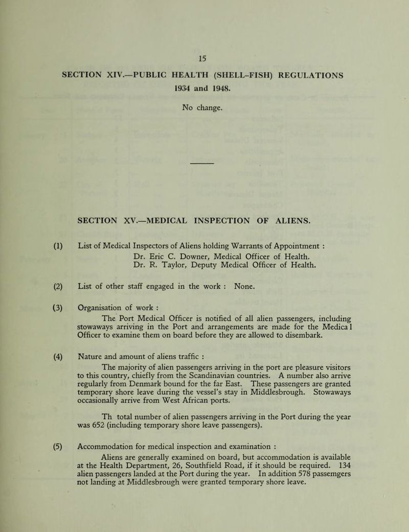 SECTION XIV.—PUBLIC HEALTH (SHELL-FISH) REGULATIONS 1934 and 1948. No change. SECTION XV.—MEDICAL INSPECTION OF ALIENS. (1) List of Medical Inspectors of Aliens holding Warrants of Appointment : Dr. Eric C. Downer, Medical Officer of Health. Dr. R. Taylor, Deputy Medical Officer of Health. (2) List of other staff engaged in the work : None. (3) Organisation of work : The Port Medical Officer is notified of all alien passengers, including stowaways arriving in the Port and arrangements are made for the Medica 1 Officer to examine them on board before they are allowed to disembark. (4) Nature and amount of aliens traffic : The majority of alien passengers arriving in the port are pleasure visitors to this country, chiefly from the Scandinavian countries. A number also arrive regularly from Denmark bound for the far East. These passengers are granted temporary shore leave during the vessel's stay in Middlesbrough. Stowaways occasionally arrive from West African ports. Th total number of alien passengers arriving in the Port during the year was 652 (including temporary shore leave passengers). (5) Accommodation for medical inspection and examination : Aliens are generally examined on board, but accommodation is available at the Health Department, 26, Southfield Road, if it should be required. 134 alien passengers landed at the Port during the year. In addition 578 passemgers not landing at Middlesbrough were granted temporary shore leave.