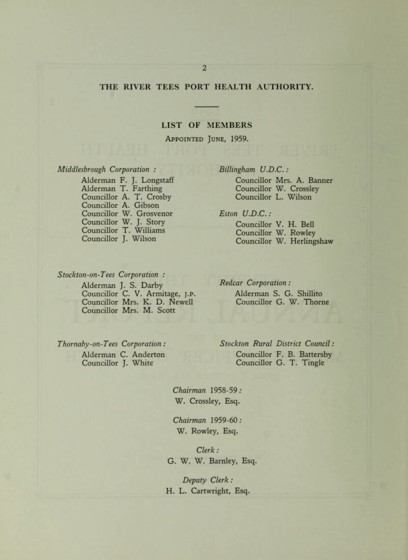 THE RIVER TEES PORT HEALTH AUTHORITY. LIST OF MEMBERS Appointed June, 1959. Middlesbrough Corporation : Alderman F. J. Longstaff Alderman T. Farthing Councillor A. T. Crosby Councillor A. Gibson Councillor W. Grosvenor Councillor W. J. Story Councillor T. Williams Councillor J. Wilson Stockton-on-Tees Corporation : Alderman J. S. Darby Councillor C. V. Armitage, j.p. Councillor Mrs. K. D. Newell Councillor Mrs. M. Scott Thornaby-on-Tees Corporation: Alderman C. Anderton Councillor J. White Billingham U.D.C.: Councillor Mrs. A. Banner Councillor W. Crossley Councillor L. Wilson Eston U.D.C.: Councillor V. H. Bell Councillor W. Rowley Councillor W. Herlingshaw Redcar Corporation : Alderman S. G. Shillito Councillor G. W. Thorne Stockton Rural District Council: Councillor F. B. Battersby Councillor G. T. Tingle Chairman 1958-59: W. Crossley, Esq. Chairman 1959-60: W. Rowley, Esq. Clerk: G. W. W. Barnley, Esq. Deputy Clerk: H. L. Cartwright, Esq.