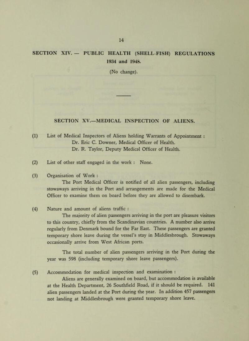 SECTION XIV. — PUBLIC HEALTH (SHELL FISH) REGULATIONS 1934 and 1948. (No change). SECTION XV.—MEDICAL INSPECTION OF ALIENS. (1) List of Medical Inspectors of Aliens holding Warrants of Appointment : Dr. Eric C. Downer, Medical Officer of Health. Dr. R. Taylor, Deputy Medical Officer of Health. (2) List of other staff engaged in the work : None. (3) Organisation of Work : The Port Medical Officer is notified of all alien passengers, including stowaways arriving in the Port and arrangements are made for the Medical Officer to examine them on board before they are allowed to disembark. (4) Nature and amount of aliens traffic : The majority of alien passengers arriving in the port are pleasure visitors to this country, chiefly from the Scandinavian countries. A number also arrive regularly from Denmark bound for the Far East. These passengers are granted temporary shore leave during the vessel's stay in Middlesbrough. Stowaways occasionally arrive from West African ports. The total number of alien passengers arriving in the Port during the year was 598 (including temporary shore leave passengers). (5) Accommodation for medical inspection and examination : Aliens are generally examined on board, but accommodation is available at the Health Department, 26 Southfield Road, if it should be required. 141 alien passengers landed at the Port during the year. In addition 457 passengers not landing at Middlesbrough were granted temporary shore leave.