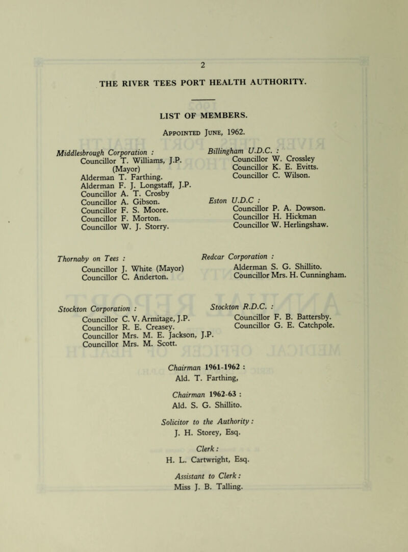 THE RIVER TEES PORT HEALTH AUTHORITY. LIST OF MEMBERS. Appointed June, 1962. Middlesbrough Corporation : Councillor T. Williams, J.P. (Mayor) Alderman T. Farthing. Alderman F. J. Longstaff, J.P. Councillor A. T. Crosby Councillor A. Gibson. Councillor F. S. Moore. Councillor F. Morton. Councillor W. J. Storry. Thornaby on Tees : Councillor J. White (Mayor) Councillor C. Anderton. Billingham U.D.C. : Councillor W. Crossley Councillor K. E. Evitts. Councillor C. Wilson. Eston U.D.C : Councillor P. A. Dowson. Councillor H. Hickman Councillor W. Herlingshaw. Redcar Corporation : Alderman S. G. Shillito. Councillor Mrs. H. Cunningham. Stockton Corporation : Councillor C. V. Armitage, J.P. Councillor R. E. Creasey. Councillor Mrs. M. E. Jackson, Councillor Mrs. M. Scott. Stockton R.D.C. : Councillor F. B. Battersby. Councillor G. E. Catchpole. Chairman 1961-1962 : Aid. T. Farthing, Chairman 1962-63 : Aid. S. G. Shillito. Solicitor to the Authority: J. H. Storey, Esq. Clerk: H. L. Cartwright, Esq. Assistant to Clerk: Miss J. B. Tailing.