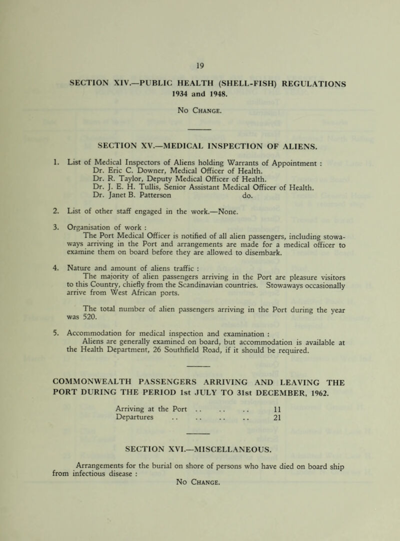 SECTION XIV.—PUBLIC HEALTH (SHELL-FISH) REGULATIONS 1934 and 1948. No Change. SECTION XV.—MEDICAL INSPECTION OF ALIENS. 1. List of Medical Inspectors of Aliens holding Warrants of Appointment : Dr. Eric C. Downer, Medical Officer of Health. Dr. R. Taylor, Deputy Medical Officer of Health. Dr. J. E. H. Tullis, Senior Assistant Medical Officer of Health. Dr. Janet B. Patterson do. 2. List of other staff engaged in the work.—None. 3. Organisation of work : The Port Medical Officer is notified of all alien passengers, including stowa¬ ways arriving in the Port and arrangements are made for a medical officer to examine them on board before they are allowed to disembark. 4. Nature and amount of aliens traffic : The majority of alien passengers arriving in the Port are pleasure visitors to this Country, chiefly from the Scandinavian countries. Stowaways occasionally arrive from West African ports. The total number of alien passengers arriving in the Port during the year was 520. 5. Accommodation for medical inspection and examination : Aliens are generally examined on board, but accommodation is available at the Health Department, 26 Southfield Road, if it should be required. COMMONWEALTH PASSENGERS ARRIVING AND LEAVING THE PORT DURING THE PERIOD 1st JULY TO 31st DECEMBER, 1962. Arriving at the Port .. .. .. 11 Departures .. .. .. .. 21 SECTION XVI.—MISCELLANEOUS. Arrangements for the burial on shore of persons who have died on board ship from infectious disease :