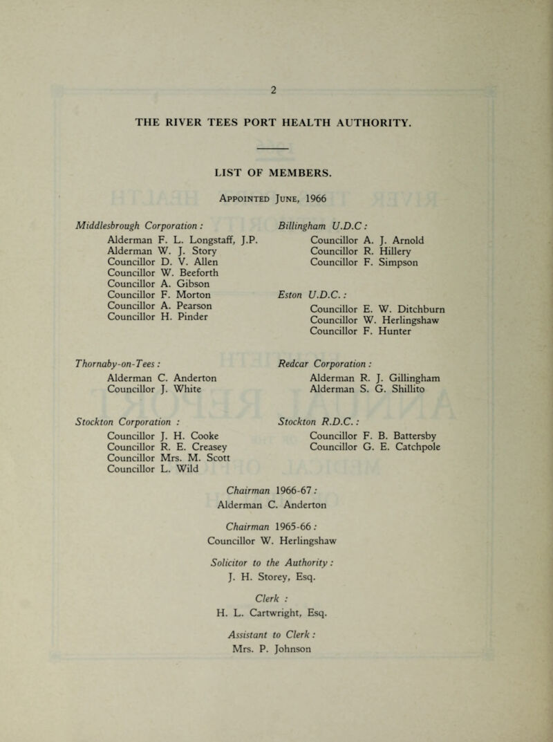 THE RIVER TEES PORT HEALTH AUTHORITY. LIST OF MEMBERS. Appointed June, 1966 Middlesbrough Corporation: Alderman F. L. Longstaff, J.P. Alderman W. J. Story Councillor D. V. Allen Councillor W. Beeforth Councillor A. Gibson Councillor F. Morton Councillor A. Pearson Councillor H. Pinder Thornaby-on-Tees : Alderman C. Anderton Councillor J. White Stockton Corporation : Councillor J. H. Cooke Councillor R. E. Creasey Councillor Mrs. M. Scott Councillor L. Wild Billingham U.D.C: Councillor A. J. Arnold Councillor R. Hillery Councillor F. Simpson Eston U.D.C.: Councillor E. W. Ditchburn Councillor W. Herlingshaw Councillor F. Hunter Redcar Corporation: Alderman R. J. Gillingham Alderman S. G. Shillito Stockton R.D.C.: Councillor F. B. Battersby Councillor G. E. Catchpole Chairman 1966-67: Alderman C. Anderton Chairman 1965-66: Councillor W. Herlingshaw Solicitor to the Authority: J. H. Storey, Esq. Clerk : H. L. Cartwright, Esq. Assistant to Clerk: Mrs. P. Johnson