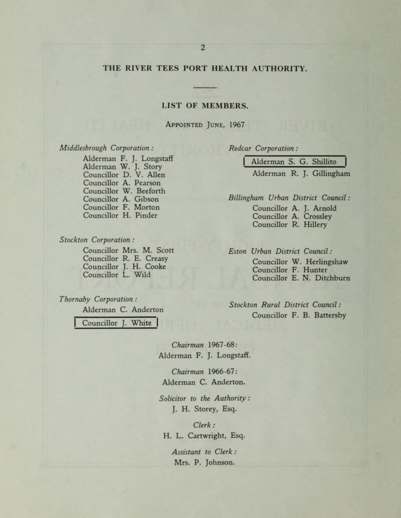 THE RIVER TEES PORT HEALTH AUTHORITY. LIST OF MEMBERS. Appointed June, 1967 Middlesbrough Corporation : Alderman F. J. Longstaff Alderman W. J. Story Councillor D. V. Allen Councillor A. Pearson Councillor W. Beeforth Councillor A. Gibson Councillor F. Morton Councillor H. Pinder Stockton Corporation: Councillor Mrs. M. Scott Councillor R. E. Creasy Councillor J. H. Cooke Councillor L. Wild Thornaby Corporation: Alderman C. Anderton | Councillor J. White | Redcar Corporation: | Alderman S. G. Shillito | Alderman R. J. Gillingham Billingham Urban District Council: Councillor A. J. Arnold Councillor A. Crossley Councillor R. Hillery Eston Urban District Council: Councillor W. Herlingshaw Councillor F. Hunter Councillor E. N. Ditchburn Stockton Rural District Council: Councillor F. B. Battersby Chairman 1967-68: Alderman F. J. Longstaff. Chairman 1966-67: Alderman C. Anderton. Solicitor to the Authority: J. H. Storey, Esq. Clerk: H. L. Cartwright, Esq. Assistant to Clerk : Mrs. P. Johnson.