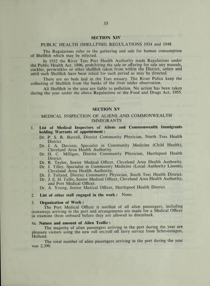 SECTION XIV PUBLIC HEALTH (SHELLFISH) REGULATIONS 1934 and 1948 The Regulations refer to the gathering and sale for human consumption of Shellfish which may be infected. In 1932 the River Tees Port Health Authority made Regulations under the Public Health Act, 1896, prohibiting the sale or offering for sale any mussels, cockles, periwinkles or other shellfish taken from within the District, unless and until such Shellfish have been relaid for such period as may be directed. There are no beds laid in the Tees estuary. The River Police keep the collecting of Shellfish from the banks of the river under observation. All Shellfish in the area are liable to pollution. No action has been taken during the year under the above Regulations or the Food and Drugs Act, 1955. SECTION XV MEDICAL INSPECTION OF ALIENS AND COMMONWEALTH IMMIGRANTS 1. List of Medical Inspectors of Aliens and Commonwealth Immigrants holding Warrants of appointment: Dr. P. S. R. Burrell, District Community Physician, North Tees Health District. Dr. J. A. Davison, Specialist in Community Medicine (Child Health), Cleveland Area Health Authority. Dr. H. C. Milligan, District Community Physician, Hartlepool Health District. Dr. R. Taylor, Senior Medical Officer, Cleveland Area Health Authority. Dr. J. Tilley, Specialist in Community Medicine (Local Authority Liason), Cleveland Area Health Authority. Dr. J. Tolland, District Community Physician, South Tees Health District. Dr. J. E. H. Tullis, Senior Medical Officer, Cleveland Area Health Authority, and Port Medical Officer. Dr. A. Young, Senior Medical Officer, Hartlepool Health District. 2. List of other staff engaged in the work : None. 3. Organisation of Work : The Port Medical Officer is notified of all alien passengers, including stowaways arriving in the port and arrangements are made for a Medical Officer to examine them onboard before they are allowed to disembark. 4a. Nature and amount of Alien Traffic : The majority of alien passengers arriving in the port during the year are pleasure visitors using the new roll on/roll off ferry service from Scheveningen, Holland. The total number of alien passengers arriving in the port during the year was 2,390.