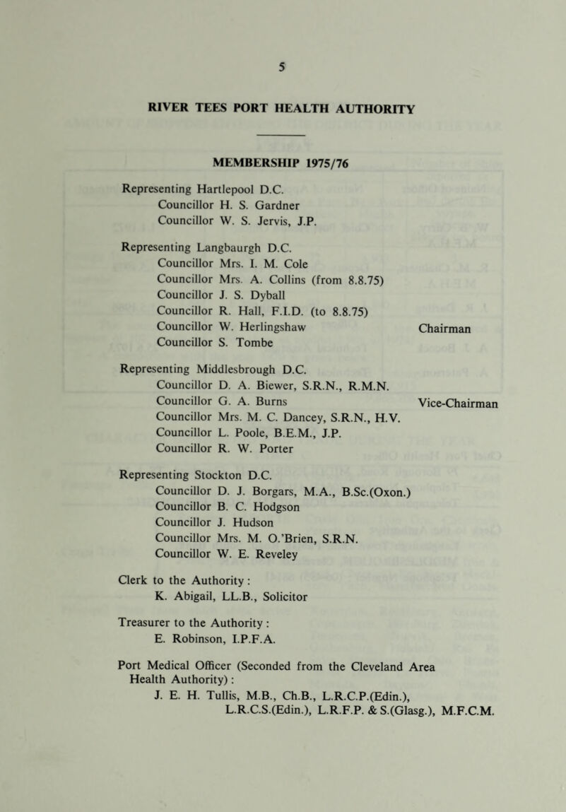 RIVER TEES PORT HEALTH AUTHORITY MEMBERSHIP 1975/76 Representing Hartlepool D.C. Councillor H. S. Gardner Councillor W. S. Jervis, J.P. Representing Langbaurgh D.C. Councillor Mrs. I. M. Cole Councillor Mrs. A. Collins (from 8.8.75) Councillor J. S. Dyball Councillor R. Hall, F.I.D. (to 8.8.75) Councillor W. Herlingshaw Chairman Councillor S. Tombe Representing Middlesbrough D.C. Councillor D. A. Biewer, S.R.N., R.M.N. Councillor G. A. Burns Vice-Chairman Councillor Mrs. M. C. Dancey, S.R.N., H.V. Councillor L. Poole, B.E.M., J.P. Councillor R. W. Porter Representing Stockton D.C. Councillor D. J. Borgars, M.A., B.Sc.(Oxon.) Councillor B. C. Hodgson Councillor J. Hudson Councillor Mrs. M. O.’Brien, S.R.N. Councillor W. E. Reveley Clerk to the Authority : K. Abigail, LL.B., Solicitor Treasurer to the Authority : E. Robinson, I.P.F.A. Port Medical Officer (Seconded from the Cleveland Area Health Authority): J. E. H. Tullis, M.B., Ch.B., L.R.C.P.(Edin.), L.R.C.S.(Edin.), L.R.F.P. & S.(Glasg.), M.F.C.M.