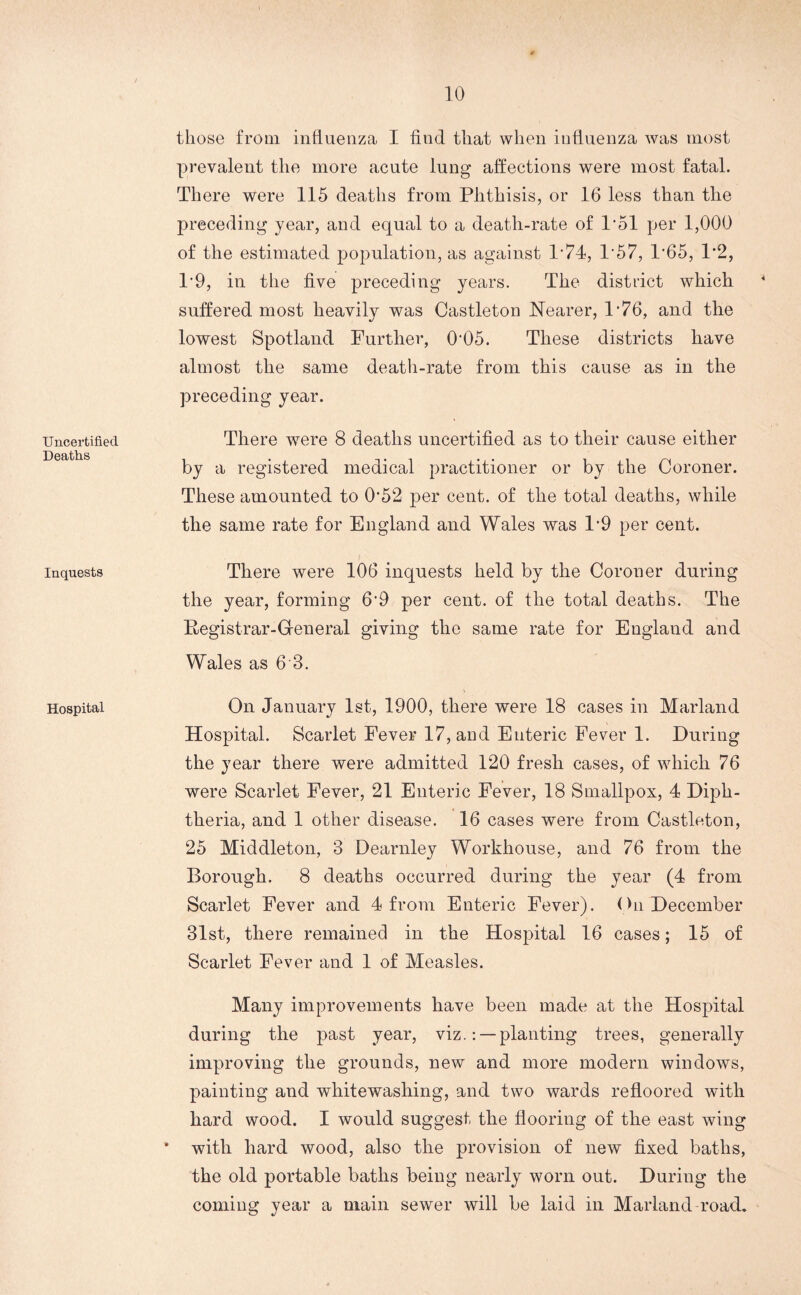 Uncertified Deaths Inquests Hospital those from influenza I find that when influenza was most prevalent the more acute lung affections were most fatal. There were 115 deaths from Phthisis, or 16 less than the preceding year, and equal to a death-rate of 1*51 per 1,000 of the estimated population, as against P74, 1*57, 1'65, 1*2, 1'9, in the five preceding years. The district which suffered most heavily was Castleton Nearer, 1*76, and the lowest Spotland Further, O05. These districts have almost the same death-rate from this cause as in the preceding year. There were 8 deaths uncertified as to their cause either by a registered medical practitioner or by the Coroner. These amounted to 0’52 per cent, of the total deaths, while the same rate for England and Wales was 1*9 per cent. There were 106 inquests held by the Coroner during the year, forming 6‘9 per cent, of the total deaths. The Registrar-General giving the same rate for Eugland and Wales as 63. On January 1st, 1900, there were 18 cases in Mariand Hospital. Scarlet Fever 17, and Enteric Fever 1. During the year there were admitted 120 fresh cases, of which 76 were Scarlet Fever, 21 Enteric Fever, 18 Smallpox, 4 Diph¬ theria, and 1 other disease. 16 cases were from Castleton, 25 Middleton, 3 Dearnley Workhouse, and 76 from the Borough. 8 deaths occurred during the year (4 from Scarlet Fever and 4 from Enteric Fever). On December 31st, there remained in the Hospital 16 cases; 15 of Scarlet Fever and 1 of Measles. Many improvements have been made at the Hospital during the past year, viz.: —planting trees, generally improving the grounds, new and more modern windows, painting and whitewashing, and two wards refloored with hard wood. I would suggest the flooring of the east wing * with hard wood, also the provision of new fixed baths, the old portable baths being nearly worn out. During the coming year a main sewer will be laid in Marland road.