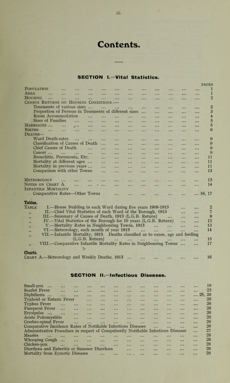 Contents. SECTION I.—Vital Statistics. Population . AR£A ... ... ... ... ... ... ... ... ... ... ... .. i Housing . Census Returns on Housing Conditions :— Tenements of various sizes ... Proportion of Persons in Tenements of different sizes ... Room Accommodation Sizes of Families Marriages ... ... ^... ... ... ... ... ... ... ... ... ... Births . Deaths— Ward Death-rates ... ... ... ... ... . Classification of Causes of Death ... ... ... ... ... ... . Chief Causes of Death ... ... ... ... ... ... ... . Cancer . Bronchitis, Pneumonia, Etc. Mortality at different ages ... ... ... ... ... ... ... . Mortality in previous years ... ... ... . Comparison with other Towns Meteorology . Notes on Chart A. . Infantile Mortality • Comparative Rates—Other Towns # Tables. Table I.—House Building in each Ward during five years 1909-1913 . „ II.—Chief Vital Statistics of each Ward of the Borough, 1913 . „ III.—Summary of Causes of Death, 1913 (L.G.B. Return) . ,, IV.—Vital Statistics of the Borough for 10 years (L.G.B. Return) . ,, V.—Mortality Rates in Neighbouring Towns, 1913 ... ... . ,, VI.—Meteorology, each month of year 1913 ... ... ... . ,, VII.—Infantile Mortality, 1913. Deaths classified as to cause, age and feeding (L.G.B. Return) . „ VIII.—Comparative Infantile Mortality Rates in Neighbouring Towns ... Charts. Chart A.—Meteorology and Weekly Deaths, 1913 ... SECTION II.—Infectious Diseases. Small-pox ... Scarlet Fever Diphtheria. Typhoid or Enteric Fever Typhus Fever Puerperal Fever Erysipelas ... Acute Poliomyelitis Cerebro-spinal Fever Comparative Incidence Rates of Notifiable Infectious Diseases Administrative Procedure in respect of Compulsorily Notifiable Infectious Diseases Measles ... ... ... ... ... ... ... ... ... ... ... Whooping Cough ... . ... . . Chicken-pox Diarrhoea and Enteritis or Summer Diarrhoea . Mortality from Zymotic Diseases . . PAGES 1 1 2 2 3 4 5 5 6 9 9 9 9 11 11 11 13 13 14 16, 17 2 7 8 12 13 14 15 17 16 19 23 25, 26 26 26 26 26 26 26 26 27 28 28 28 28 29