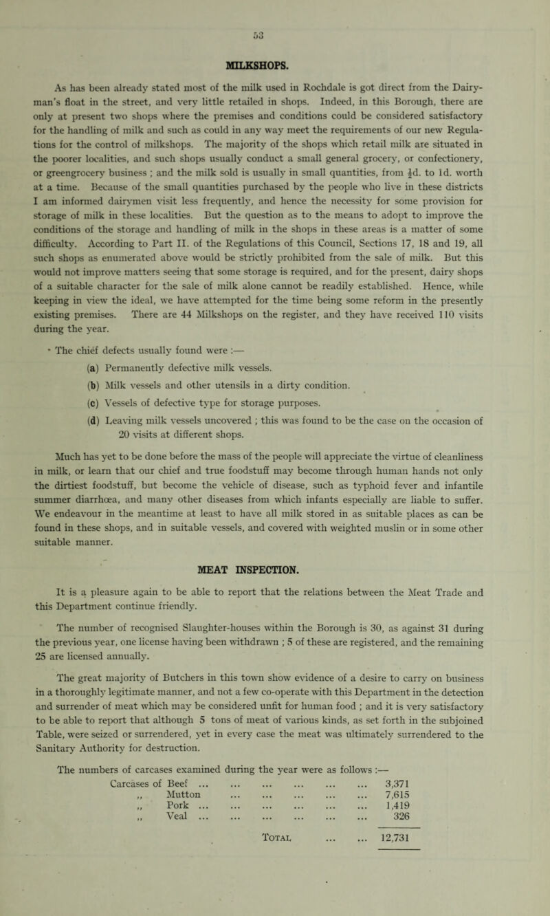 MILKSHOPS. As has been already stated most of the milk used in Rochdale is got direct from the Dairy¬ man’s float in the street, and very little retailed in shops. Indeed, in this Borough, there are only at present two shops where the premises and conditions could be considered satisfactory for the handling of milk and such as could in any way meet the requirements of our new Regula¬ tions for the control of milkshops. The majority of the shops which retail milk are situated in the poorer localities, and such shops usually conduct a small general grocery, or confectionery, or greengrocery' business ; and the milk sold is usually in small quantities, from id. to Id. worth at a time. Because of the small quantities purchased by the people who live in these districts I am informed dairymen visit less frequently', and hence the necessity for some provision for storage of milk in these localities. But the question as to the means to adopt to improve the conditions of the storage and handling of milk in the shops in these areas is a matter of some difficulty'. According to Part II. of the Regulations of this Council, Sections 17, 18 and 19, all such shops as enumerated above would be strictly prohibited from the sale of milk. But this would not improve matters seeing that some storage is required, and for the present, dairy' shops of a suitable character for the sale of milk alone cannot be readily' established. Hence, while keeping in view the ideal, we have attempted for the time being some reform in the presently existing premises. There are 44 Milkshops on the register, and they have received 110 visits during the year. • The chief defects usually found were :— (a) Permanently defective milk vessels. (b) Milk vessels and other utensils in a dirty condition. (c) Vessels of defective type for storage purposes. (d) Leaving milk vessels uncovered ; this was found to be the case on the occasion of 20 visits at different shops. Much has yet to be done before the mass of the people will appreciate the virtue of cleanliness in milk, or learn that our chief and true foodstuff may become through human hands not only the dirtiest foodstuff, but become the vehicle of disease, such as typhoid fever and infantile summer diarrhoea, and many' other diseases from which infants especially are liable to suffer. We endeavour in the meantime at least to have all milk stored in as suitable places as can be found in these shops, and in suitable vessels, and covered with weighted muslin or in some other suitable manner. MEAT INSPECTION. It is a pleasure again to be able to report that the relations between the Meat Trade and this Department continue friendly. The number of recognised Slaughter-houses within the Borough is 30, as against 31 during the previous year, one license having been withdrawn ; 5 of these are registered, and the remaining 25 are licensed annually. The great majority of Butchers in this town show evidence of a desire to carry' on business in a thoroughly' legitimate manner, and not a few co-operate with this Department in the detection and surrender of meat w'hich may be considered unfit for human food ; and it is very satisfactory to be able to report that although 5 tons of meat of various kinds, as set forth in the subjoined Table, were seized or surrendered, yet in every' case the meat was ultimately surrendered to the Sanitary Authority for destruction. The numbers of carcases examined during the year were as follows Carcases of Beef ... ,, Mutton ,, Pork ... . ... . ,, Veal. 3,371 7,615 1,419 326 Total 12,731