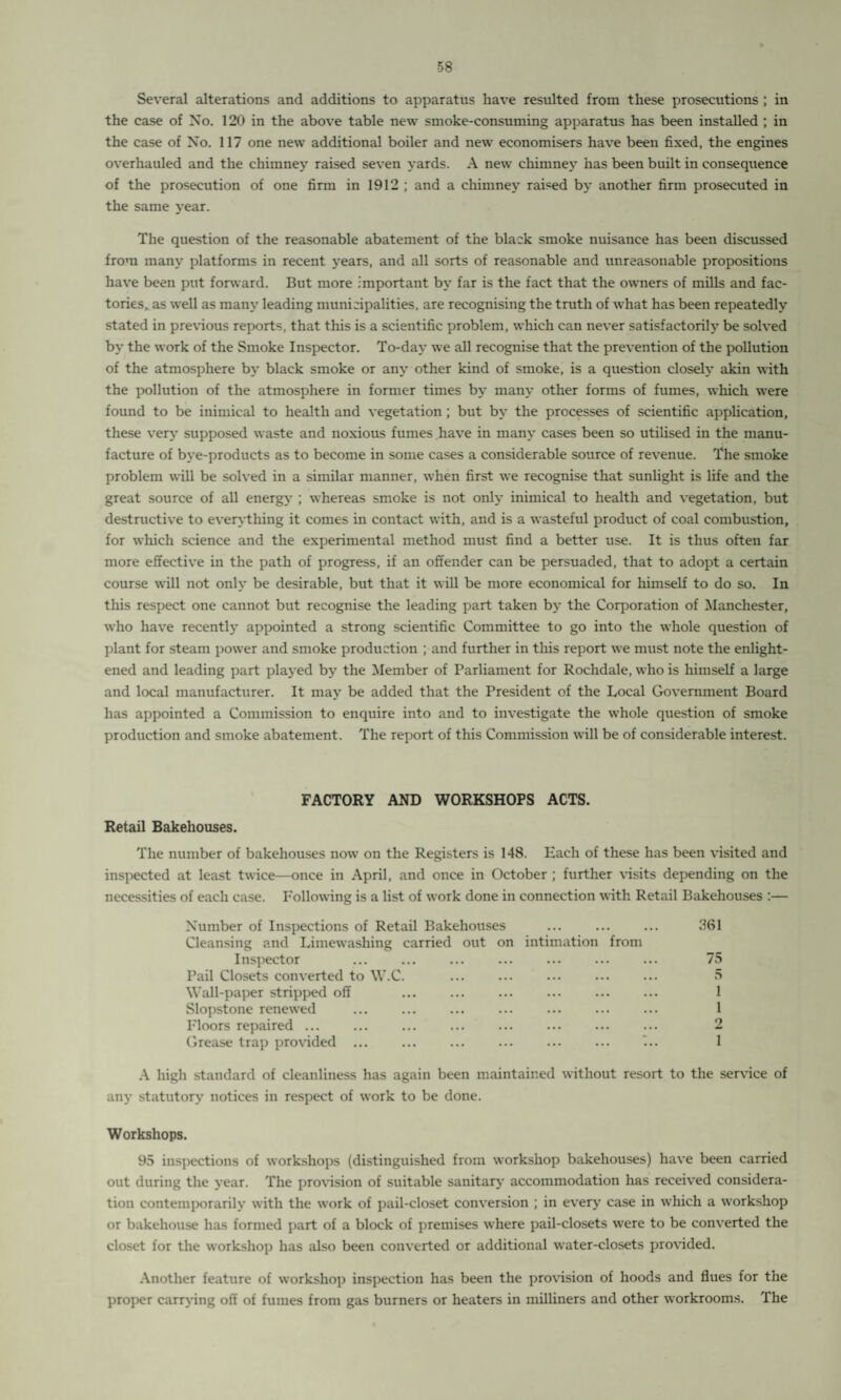 Several alterations and additions to apparatus have resulted from these prosecutions ; in the case of No. 120 in the above table new smoke-consuming apparatus has been installed ; in the case of No. 117 one new additional boiler and new economisers have been fixed, the engines overhauled and the chimney raised seven yards. A new chimney has been built in consequence of the prosecution of one firm in 1912 ; and a chimney raised by another firm prosecuted in the same year. The question of the reasonable abatement of the black smoke nuisance has been discussed from many platforms in recent years, and all sorts of reasonable and unreasonable propositions have been put forward. But more important by far is the fact that the owners of mills and fac¬ tories, as well as many leading municipalities, are recognising the truth of what has been repeatedly stated in previous reports, that this is a scientific problem, which can never satisfactorily be solved by the work of the Smoke Inspector. To-day we all recognise that the prevention of the pollution of the atmosphere by black smoke or any other kind of smoke, is a question closely akin with the pollution of the atmosphere in former times by many other forms of fumes, which were found to be inimical to health and vegetation ; but by the processes of scientific application, these very supposed waste and noxious fumes have in many cases been so utilised in the manu¬ facture of bye-products as to become in some cases a considerable source of revenue. The smoke problem will be solved in a similar manner, when first we recognise that sunlight is life and the great source of all energy ; whereas smoke is not only inimical to health and vegetation, but destructive to everything it comes in contact with, and is a wasteful product of coal combustion, for which science and the experimental method must find a better use. It is thus often far more effective in the path of progress, if an offender can be persuaded, that to adopt a certain course will not only be desirable, but that it will be more economical for himself to do so. In this respect one cannot but recognise the leading part taken by the Corporation of Manchester, who have recentlj' appointed a strong scientific Committee to go into the whole question of plant for steam power and smoke production ; and further in this report we must note the enlight¬ ened and leading part played by the Member of Parliament for Rochdale, who is himself a large and local manufacturer. It may be added that the President of the Local Government Board has appointed a Commission to enquire into and to investigate the whole question of smoke production and smoke abatement. The report of this Commission will be of considerable interest. FACTORY AND WORKSHOPS ACTS. Retail Bakehouses. The number of bakehouses now’ on the Registers is 148. Each of these has been visited and inspected at least twice—once in April, and once in October ; further visits depending on the necessities of each case. Following is a list of work done in connection with Retail Bakehouses :— Number of Inspections of Retail Bakehouses ... ... ... 361 Cleansing and Limew'ashing carried out on intimation from Inspector ... ... ... ... ... ... ... 75 Pail Closets converted to W.C. ... ... ... ... ... 5 Wall-paper stripped off ... . 1 Slopstone renewed . . 1 Floors repaired ... ... ... ... ... ... ... ... 2 Grease trap provided ... ... ... ... ... ... ... 1 A high standard of cleanliness has again been maintained without resort to the service of any statutory notices in respect of work to be done. Workshops. 95 inspections of workshops (distinguished from workshop bakehouses) have been carried out during the year. The provision of suitable sanitary accommodation has received considera¬ tion contemporarily with the work of pail-closet conversion ; in every case in which a workshop or bakehouse has formed part of a block of premises where pail-closets were to be converted the closet for the workshop has also been converted or additional water-closets provided. Another feature of workshop inspection has been the provision of hoods and flues for the proper carrying off of fumes from gas burners or heaters in milliners and other workrooms. The