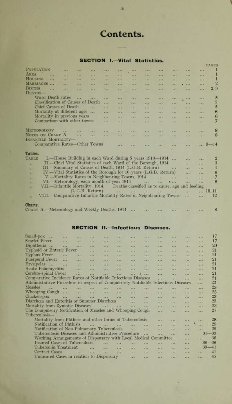 Contents. SECTION I.—Vital Statistics. Population . Area ' . Housing . Marriages. Births . Deaths— Ward Death rates Classification of Causes of Death Chief Causes of Death Mortality at different ages ... Mortality in previous years Comparison with other towns PAGES 1 1 1 2 2,3 5 5 5 6 6 7 Meteorology . Notes on Chart A. Infantile Mortality— Comparative Rates—Other Towns 8 8 Tables. Table I.—House Building in each Ward during 5 years 1910—1914 ... ,, II.—Chief Vital Statistics of each Ward of the Borough, 1914 III.—Summary of Causes of Death, 1914 (L.G.B. Return) ,, IV.—Vital Statistics of the Borough for 10 years (L.G.B. Return) ,, V.—Mortality Rates in Neighbouring Towns, 1914 ,, VI.—Meteorology, each month of year 1914 ... ... «... ,, VII.—Infantile Mortality, 1914. Deaths classified as to cause, age and feeding (L.G.B. Return) .. ,, VIII.—Comparative Infantile Mortality Rates in Neighbouring Towns 2 3 4 6 7 8 10, 11 12 Charts. Chart A.—Meteorology and Weekly Deaths, 1914 ... ... ... ... ... ... 8 SECTION II.—Infectious Diseases. Small-pox ... Scarlet Fever Diphtheria ... Typhoid or Enteric Fever Typhus Fever Puerperal Fever Erysipelas ... Acute Poliomyelitis Cerebro-spinal Fever .:. Comparative Incidence Rates of Notifiable Infectious Diseases Administrative Procedure in respect of Compulsorily Notifiable Infectious Diseases Measles Whooping Cough. ... . Chicken-pox Diarrhoea and Enteritis or Summer Diarrhoea Mortality from Zymotic Diseases The Compulsory Notification of Measles and Whooping Cough Tuberculosis— Mortality from Phthisis and other forms of Tuberculosis Notification of Phthisis Notification of Non-Pulmonary Tuberculosis Tuberculosis Diseases and Administrative Procedure Working Arrangements of Dispensary with Local Medical Committee Insured Cases of Tuberculosis Tuberculin Treatment Contact Cases Uninsured Cases in relation to Dispensary 17 17 20 21 ... ‘ 21 21 21 21 21 21 22 23 23 23 23 23 27 28 29 29 31—33 36 36—39 39—41 41 45