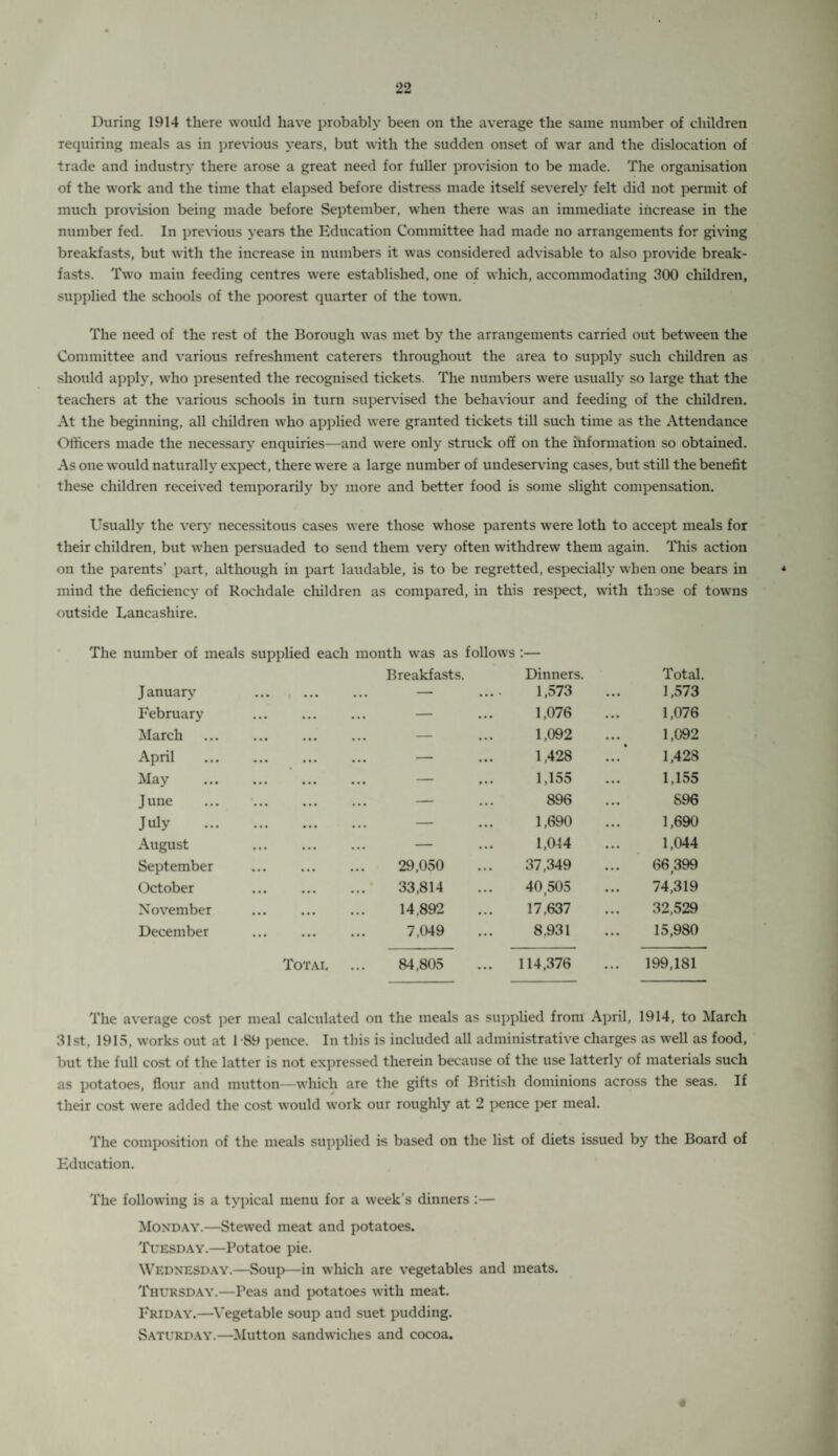 During 1914 there would have probably been on the average the same number of children requiring meals as in previous years, but with the sudden onset of war and the dislocation of trade and industry there arose a great need for fuller provision to be made. The organisation of the work and the time that elapsed before distress made itself severely felt did not permit of much provision being made before September, when there was an immediate increase in the number fed. In previous years the Education Committee had made no arrangements for giving breakfasts, but with the increase in numbers it was considered advisable to also provide break¬ fasts. Two main feeding centres were established, one of which, accommodating 300 children, supplied the schools of the poorest quarter of the town. The need of the rest of the Borough was met by the arrangements carried out between the Committee and various refreshment caterers throughout the area to supply such children as should apply, who presented the recognised tickets. The numbers were usually so large that the teachers at the various schools in turn supervised the behaviour and feeding of the children. At the beginning, all children who applied were granted tickets till such time as the Attendance Officers made the necessary enquiries—and were only stnick off on the information so obtained. As one would naturally expect, there were a large number of undeserving cases, but still the benefit these children received temporarily by more and better food is some slight compensation. Usually the very necessitous cases were those whose parents were loth to accept meals for their children, but when persuaded to send them very often withdrew them again. This action on the parents’ part, although in part laudable, is to be regretted, especially when one bears in mind the deficiency of Rochdale children as compared, in this respect, with those of towns outside Lancashire. number of meals supplied each month was as follows :— Breakfasts. Dinners. Total. J anuary ... — 1,573 1,573 February — 1,076 1,076 March ... — 1,092 1,092 April ... — 1,428 1,428 May ... — 1,155 1,155 J une — 896 896 July — 1,690 1,690 August — 1,044 1,044 September 29,050 37,349 66 399 f October 33,814 40 505 » 74,319 November 14,892 17,637 32,529 December 7,049 8,931 15,980 Total 84,805 ... 114,376 ... 199,181 The average cost per meal calculated on the meals as supplied from April, 1914, to March 31st, 1915, works out at 1 -89 pence. In this is included all administrative charges as well as food, but the full cost of the latter is not expressed therein because of the use latterly of materials such as potatoes, flour and mutton—which are the gifts of British dominions across the seas. If their cost were added the cost would work our roughly at 2 pence per meal. The composition of the meals supplied is based on the list of diets issued by the Board of Education. The following is a typical menu for a week’s dinners :— Monday.—Stewed meat and potatoes. Tuesday.—Potatoe pie. Wednesday.—Soup—in which are vegetables and meats. Thursday.—Peas and potatoes with meat. Friday.—Vegetable soup and suet pudding. Saturday.—Mutton sandwiches and cocoa.
