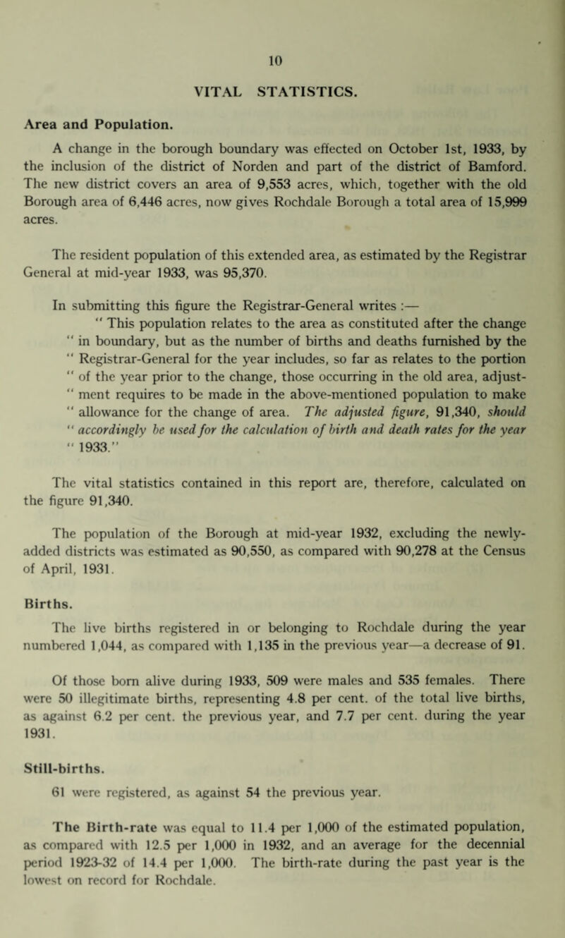 VITAL STATISTICS. Area and Population. A change in the borough boundary was effected on October 1st, 1933, by the inclusion of the district of Norden and part of the district of Bamford. The new district covers an area of 9,553 acres, which, together with the old Borough area of 6,446 acres, now gives Rochdale Borough a total area of 15,999 acres. The resident population of this extended area, as estimated by the Registrar General at mid-year 1933, was 95,370. In submitting this figure the Registrar-General writes :— “ This population relates to the area as constituted after the change “ in boundary, but as the number of births and deaths furnished by the “ Registrar-General for the year includes, so far as relates to the portion “ of the year prior to the change, those occurring in the old area, adjust- “ ment requires to be made in the above-mentioned population to make  allowance for the change of area. The adjusted figure, 91,340, should “ accordingly be used for the calculation of birth and death rates for the year  1933.” The vital statistics contained in this report are, therefore, calculated on the figure 91,340. The population of the Borough at mid-year 1932, excluding the newly- added districts was estimated as 90,550, as compared with 90,278 at the Census of April, 1931. Births. The live births registered in or belonging to Rochdale during the year numbered 1,044, as compared with 1,135 in the previous year—a decrease of 91. Of those born alive during 1933, 509 were males and 535 females. There were 50 illegitimate births, representing 4.8 per cent, of the total live births, as against 6.2 per cent, the previous year, and 7.7 per cent, during the year 1931. Still-births. 61 were registered, as against 54 the previous year. The Birth-rate was equal to 11.4 per 1,000 of the estimated population, as compared with 12.5 per 1,000 in 1932, and an average for the decennial period 1923-32 of 14.4 per 1,000. The birth-rate during the past year is the lowest on record for Rochdale.