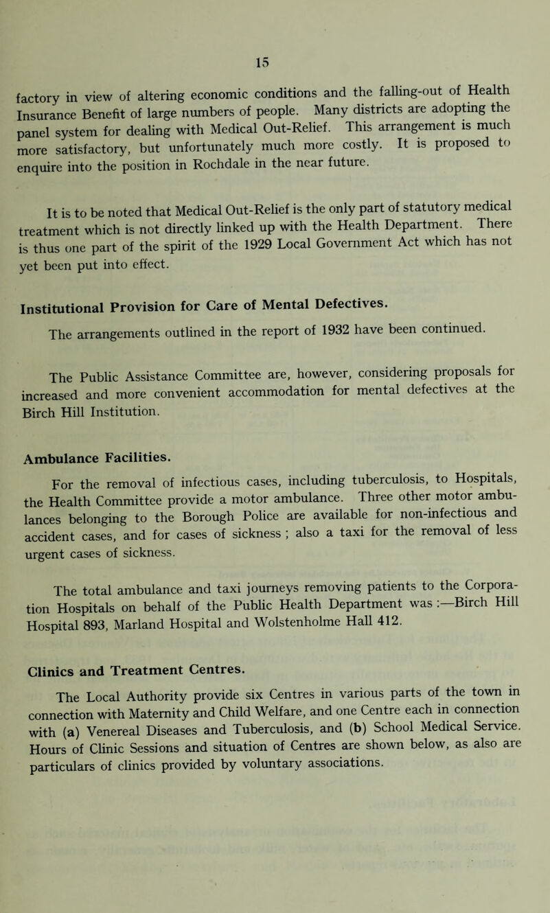 factory in view of altering economic conditions and the falling-out of Health Insurance Benefit of large numbers of people. Many districts are adopting the panel system for dealing with Medical Out-Relief. This arrangement is much more satisfactory, but unfortunately much more costly. It is proposed to enquire into the position in Rochdale in the near future. It is to be noted that Medical Out-Relief is the only part of statutory medical treatment which is not directly linked up with the Health Department. There is thus one part of the spirit of the 1929 Local Government Act which has not yet been put into effect. Institutional Provision for Care of Mental Defectives. The arrangements outlined in the report of 1932 have been continued. The Public Assistance Committee are, however, considering proposals for increased and more convenient accommodation for mental defectives at the Birch Hill Institution. Ambulance Facilities. For the removal of infectious cases, including tuberculosis, to Hospitals, the Health Committee provide a motor ambulance. Three other motor ambu¬ lances belonging to the Borough Police are available for non-infectious and accident cases, and for cases of sickness ; also a taxi for the removal of less urgent cases of sickness. The total ambulance and taxi journeys removing patients to the Corpora¬ tion Hospitals on behalf of the Public Health Department was Birch Hill Hospital 893, Marland Hospital and Wolstenholme Hall 412. Clinics and Treatment Centres. The Local Authority provide six Centres in various parts of the town in connection with Maternity and Child Welfare, and one Centre each in connection with (a) Venereal Diseases and Tuberculosis, and (b) School Medical Service. Hours of Clinic Sessions and situation of Centres are shown below, as also are particulars of clinics provided by voluntary associations.