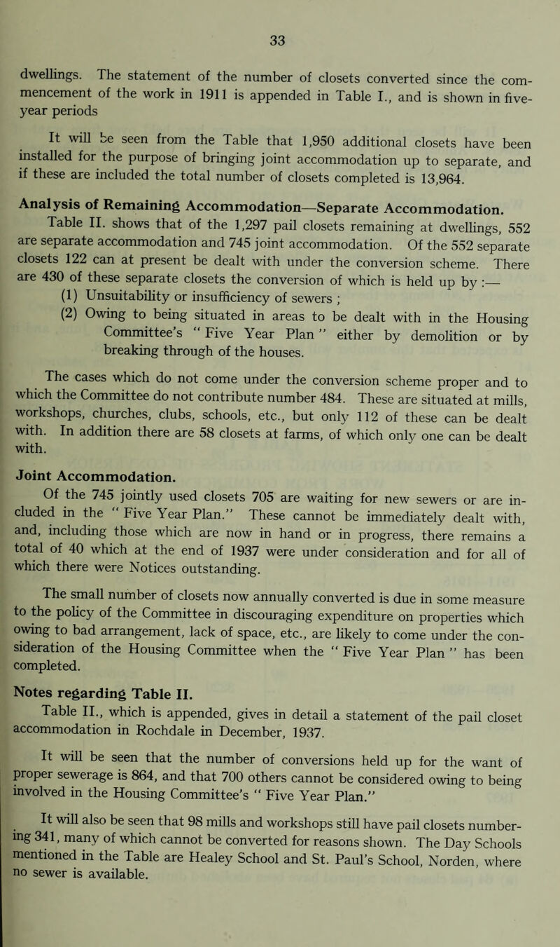 dwellings. The statement of the number of closets converted since the com¬ mencement of the work in 1911 is appended in Table I., and is shown in five- year periods It will be seen from the Table that 1,950 additional closets have been installed for the purpose of bringing joint accommodation up to separate, and if these are included the total number of closets completed is 13,964. Analysis of Remaining Accommodation—Separate Accommodation. Table II. shows that of the 1,297 pail closets remaining at dwellings, 552 are separate accommodation and 745 joint accommodation. Of the 552 separate closets 122 can at present be dealt with under the conversion scheme. There are 430 of these separate closets the conversion of which is held up by:_ (1) Unsuitability or insufficiency of sewers ; (2) Owing to being situated in areas to be dealt with in the Housing Committee s Five Year Plan ” either by demolition or by breaking through of the houses. The cases which do not come under the conversion scheme proper and to which the Committee do not contribute number 484. These are situated at mills, workshops, churches, clubs, schools, etc., but only 112 of these can be dealt with. In addition there are 58 closets at farms, of which only one can be dealt with. Joint Accommodation. Of the 745 jointly used closets 705 are waiting for new sewers or are in¬ cluded in the Five Year Plan.” These cannot be immediately dealt with, and, including those which are now in hand or in progress, there remains a total of 40 which at the end of 1937 were under consideration and for all of which there were Notices outstanding. The small number of closets now annually converted is due in some measure to the policy of the Committee in discouraging expenditure on properties which owing to bad arrangement, lack of space, etc., are likely to come under the con¬ sideration of the Housing Committee when the “ Five Year Plan ” has been completed. Notes regarding Table II. Table II., which is appended, gives in detail a statement of the pail closet accommodation in Rochdale in December, 1937. It will be seen that the number of conversions held up for the want of proper sewerage is 864, and that 700 others cannot be considered owing to being involved in the Housing Committee’s “ Five Year Plan.” It will also be seen that 98 mills and workshops still have pail closets number¬ ing 341, many of which cannot be converted for reasons shown. The Day Schools mentioned in the Table are Healey School and St. Paul’s School, Norden, where no sewer is available.