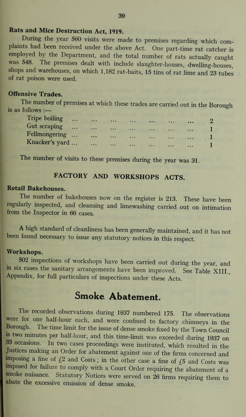 Rats and Mice Destruction Act, 1919. During the year 560 visits were made to premises regarding which com¬ plaints had been received under the above Act. One part-time rat catcher is employed by the Department, and the total number of rats actually caught was 548. The premises dealt with include slaughter-houses, dwelling-houses, shops and warehouses, on which 1,182 rat-baits, 15 tins of rat lime and 23 tubes of rat poison were used. Offensive Trades. The number of premises at which these trades are carried out in the Borough is as follows :— Tripe boiling . 2 Gut scraping ... ... ... 2 Fellmongering ... ... ... ... j Knacker’s yard... ... ... ... 2 The number of visits to these premises during the year was 31. FACTORY AND WORKSHOPS ACTS. Retail Bakehouses. The number of bakehouses now on the register is 213. These have been regularly inspected, and cleansing and limewashing carried out on intimation from the Inspector in 66 cases. A high standard of cleanliness has been generally maintained, and it has not been found necessary to issue any statutory notices in this respect. Workshops. 502 inspections of workshops have been carried out during the year, and in six cases the sanitary arrangements have been improved. See Table XIII. Appendix, for full particulars of inspections under these Acts. Smoke Abatement. The recorded observations during 1937 numbered 175. The observations were for one half-hour each, and were confined to factory chimneys in the Borough. The time limit for the issue of dense smoke fixed by the Town Council is two minutes per half-hour, and this time-limit was exceeded during 1937 on 33 occasions. In two cases proceedings were instituted, which resulted in the Justices making an Order for abatement against one of the firms concerned and unposing a fine of £2 and Costs; in the other case a fine of £5 and Costs was imposed for failure to comply with a Court Order requiring the abatement of a smoke nuisance. Statutory Notices were served on 26 firms requiring them to abate the excessive emission of dense smoke.