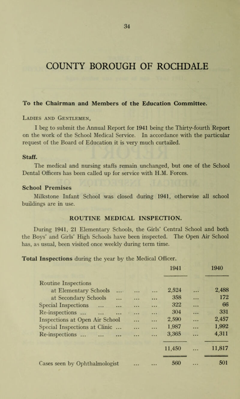 COUNTY BOROUGH OF ROCHDALE To the Chairman and Members of the Education Committee. Ladies and Gentlemen, I beg to submit the Annual Report for 1941 being the Thirty-fourth Report on the work of the School Medical Service. In accordance with the particular request of the Board of Education it is very much curtailed. Staff. The medical and nursing staffs remain unchanged, but one of the School Dental Officers has been called up for service with H.M. Forces. School Premises Milkstone Infant School was closed during 1941, otherwise all school buildings are in use. ROUTINE MEDICAL INSPECTION. During 1941, 21 Elementary Schools, the Girls’ Central School and both the Boys’ and Girls’ High Schools have been inspected. The Open Air School has, as usual, been visited once weekly during term time. Total Inspections during the year by the Medical Officer. 1941 1940 Routine Inspections at Elementary Schools ... . 2,524 2,488 at Secondary Schools . 358 172 Special Inspections . . 322 66 Re-inspections. . 304 331 Inspections at Open Air School . 2,590 2,457 Special Inspections at Clinic ... . 1,987 1,992 Re-inspections. ... ... 3,365 4,311 11,450 11,817 Cases seen by Ophthalmologist . 560 501