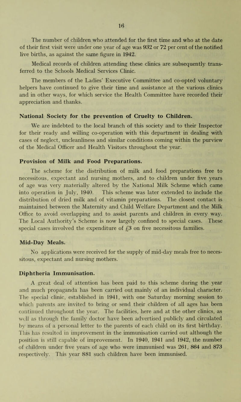 The number of children who attended for the first time and who at the date of their first visit were under one year of age was 932 or 72 per cent of the notified live births, as against the same figure in 1942. Medical records of children attending these clinics are subsequently trans¬ ferred to the Schools Medical Services Clinic. The members of the Ladies’ Executive Committee and co-opted voluntary helpers have continued to give their time and assistance at the various clinics and in other ways, for which service the Health Committee have recorded their appreciation and thanks. National Society for the prevention of Cruelty to Children. We are indebted to the local branch of this society and to their Inspector for their ready and willing co-operation with this department in dealing with cases of neglect, uncleanliness and similar conditions coming within the purview of the Medical Officer and Health Visitors throughout the year. Provision of Milk and Food Preparations. The scheme for the distribution of milk and food preparations free to necessitous, expectant and nursing mothers, and to children under five years of age was very materially altered by the National Milk Scheme which came into operation in July, 1940. This scheme was later extended to include the distribution of dried milk and of vitamin preparations. The closest contact is maintained between the Maternity and Child Welfare Department and the Milk Office to avoid overlapping and to assist parents and children in every way. The Local Authority’s Scheme is now largely confined to special cases. These special cases involved the expenditure of £3 on five necessitous families. Mid-Day Meals. No applications were received for the supply of mid-day meals free to neces¬ sitous, expectant and nursing mothers. Diphtheria Immunisation. A great deal of attention has been paid to this scheme during the year and much propaganda has been carried out mainly of an individual character. The special clinic, established in 1941, with one Saturday morning session to which parents are invited to bring or send their children of all ages has been continued throughout the year. The facilities, here and at the other clinics, as well as through the family doctor have been advertised publicly and circulated by means of a personal letter to the parents of each child on its first birthday. This has resulted in improvement in the immunisation carried out although the position is still capable of improvement. In 1940, 1941 and 1942, the number of children under five years of age who were immunised was 261, 864 and 873 respectively. This year 881 such children have been immunised.