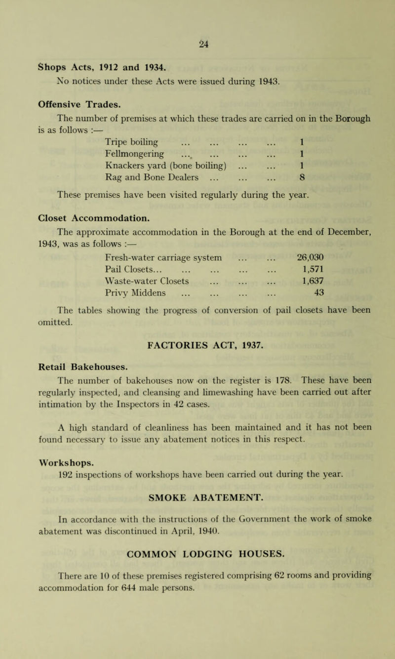 Shops Acts, 1912 and 1934. No notices under these Acts were issued during 1943. Offensive Trades. The number of premises at which these trades are carried on in the Borough is as follows :— Tripe boiling ... ... ... ... 1 Fellmongering .... . 1 Knackers yard (bone boiling) . 1 Rag and Bone Dealers ... . 8 These premises have been visited regularly during the year. Closet Accommodation. The approximate accommodation in the Borough at the end of December, 1943, was as follows :— Fresh-water carriage system 26,030 Pail Closets... ... . 1,571 Waste-water Closets 1,637 Privy Middens 43 The tables showing the progress of conversion of pail closets have been omitted. FACTORIES ACT, 1937. Retail Bakehouses. The number of bakehouses now on the register is 178. These have been regularly inspected, and cleansing and limewashing have been carried out after intimation by the Inspectors in 42 cases. A high standard of cleanliness has been maintained and it has not been found necessary to issue any abatement notices in this respect. Workshops. 192 inspections of workshops have been carried out during the year. SMOKE ABATEMENT. In accordance with the instructions of the Government the work of smoke abatement was discontinued in April, 1940. COMMON LODGING HOUSES. There are 10 of these premises registered comprising 62 rooms and providing accommodation for 644 male persons.